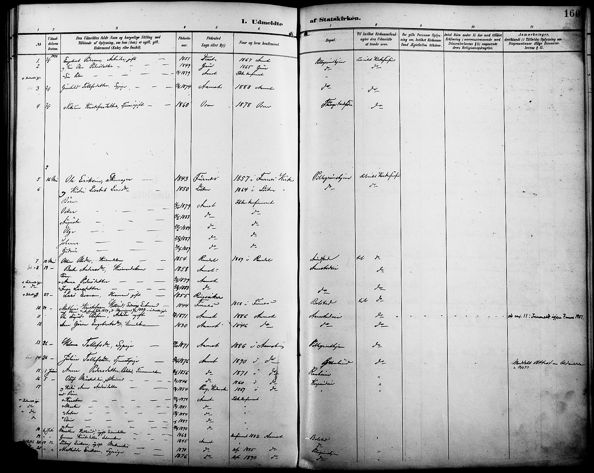 Åmot prestekontor, Hedmark, AV/SAH-PREST-056/H/Ha/Haa/L0011: Parish register (official) no. 11, 1890-1897, p. 160