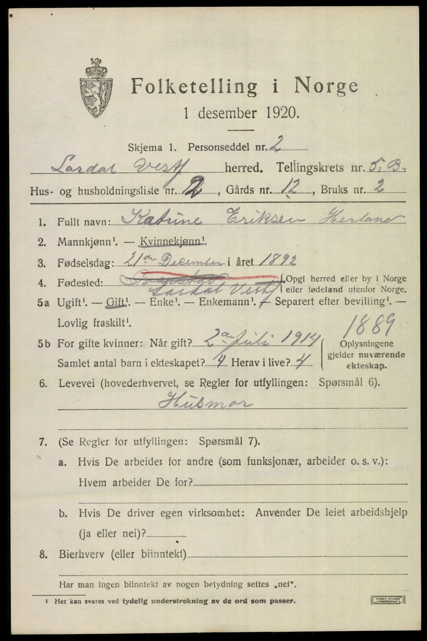 SAKO, 1920 census for Lardal, 1920, p. 5243