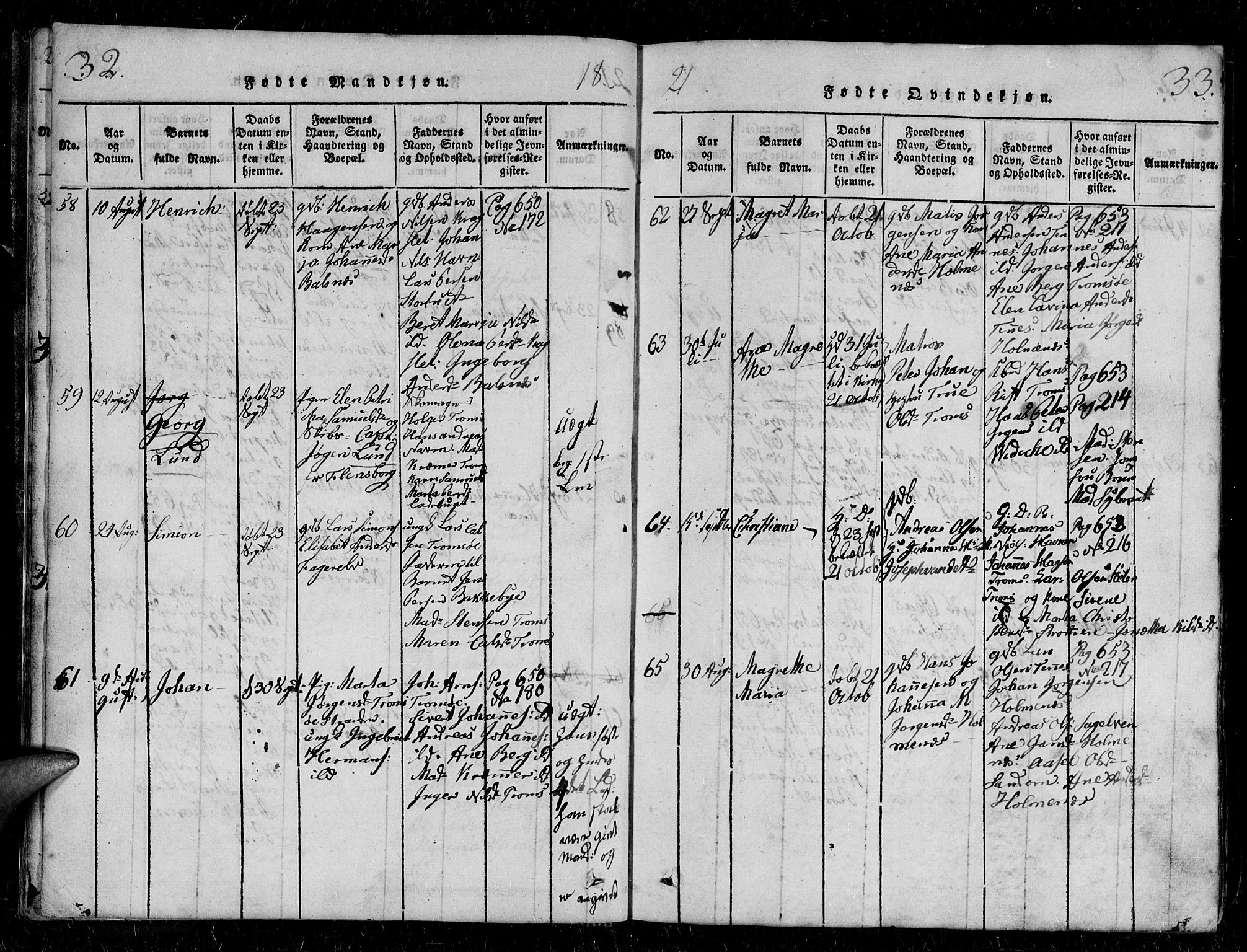 Tromsø sokneprestkontor/stiftsprosti/domprosti, AV/SATØ-S-1343/G/Gb/L0001klokker: Parish register (copy) no. 1, 1821-1833, p. 32-33