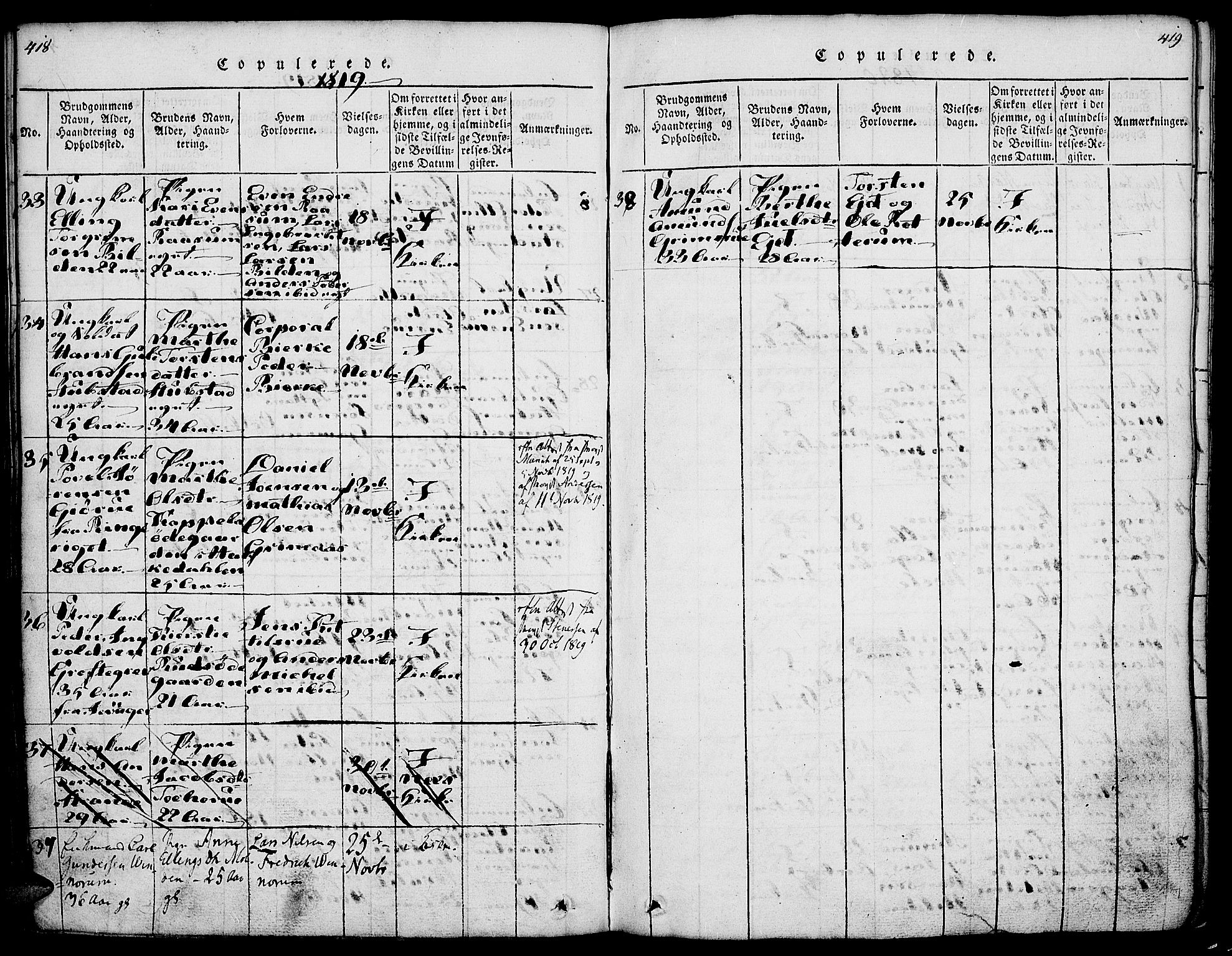 Gran prestekontor, SAH/PREST-112/H/Ha/Haa/L0009: Parish register (official) no. 9, 1815-1824, p. 418-419