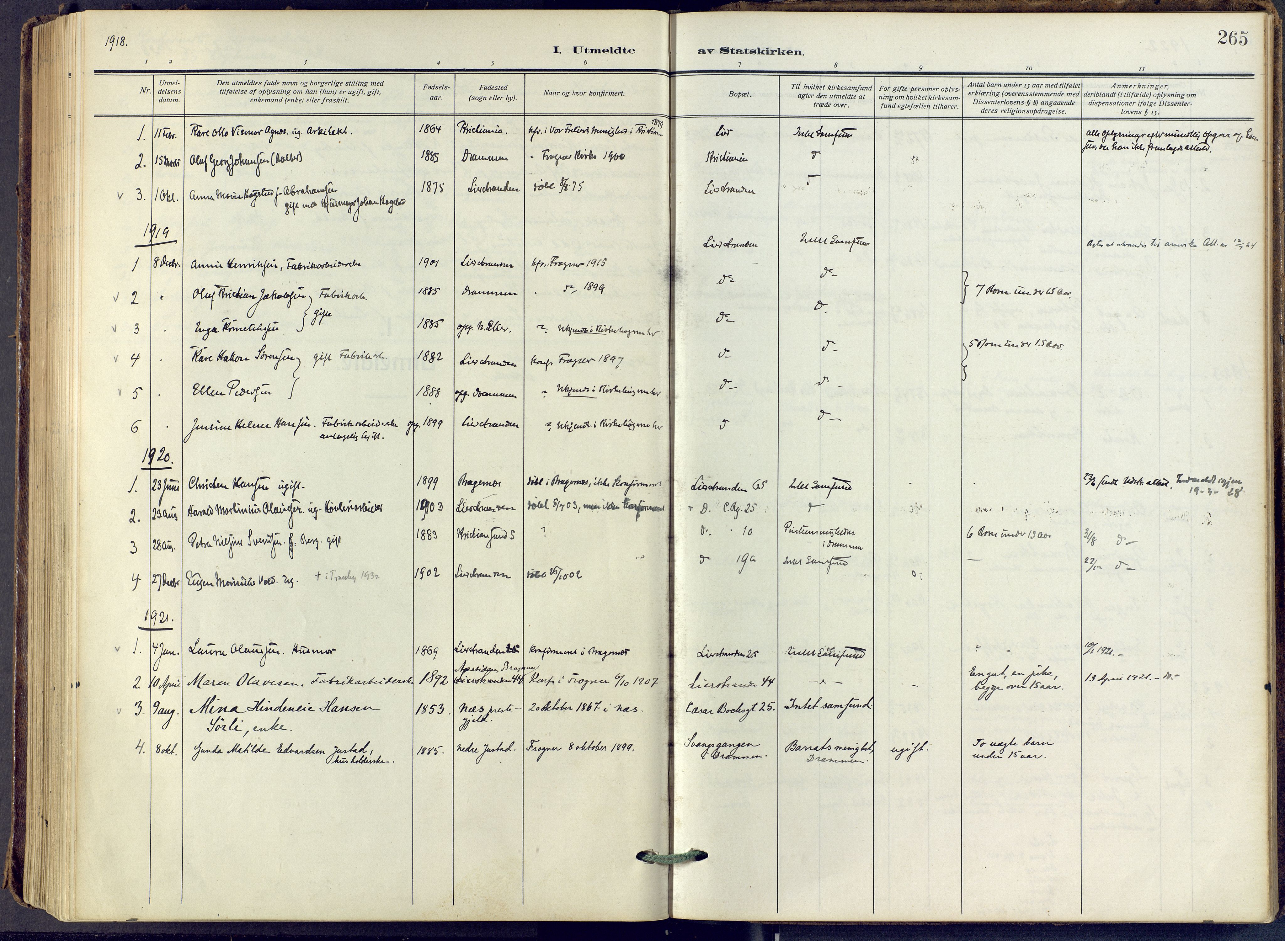 Lier kirkebøker, SAKO/A-230/F/Fa/L0019: Parish register (official) no. I 19, 1918-1928, p. 265