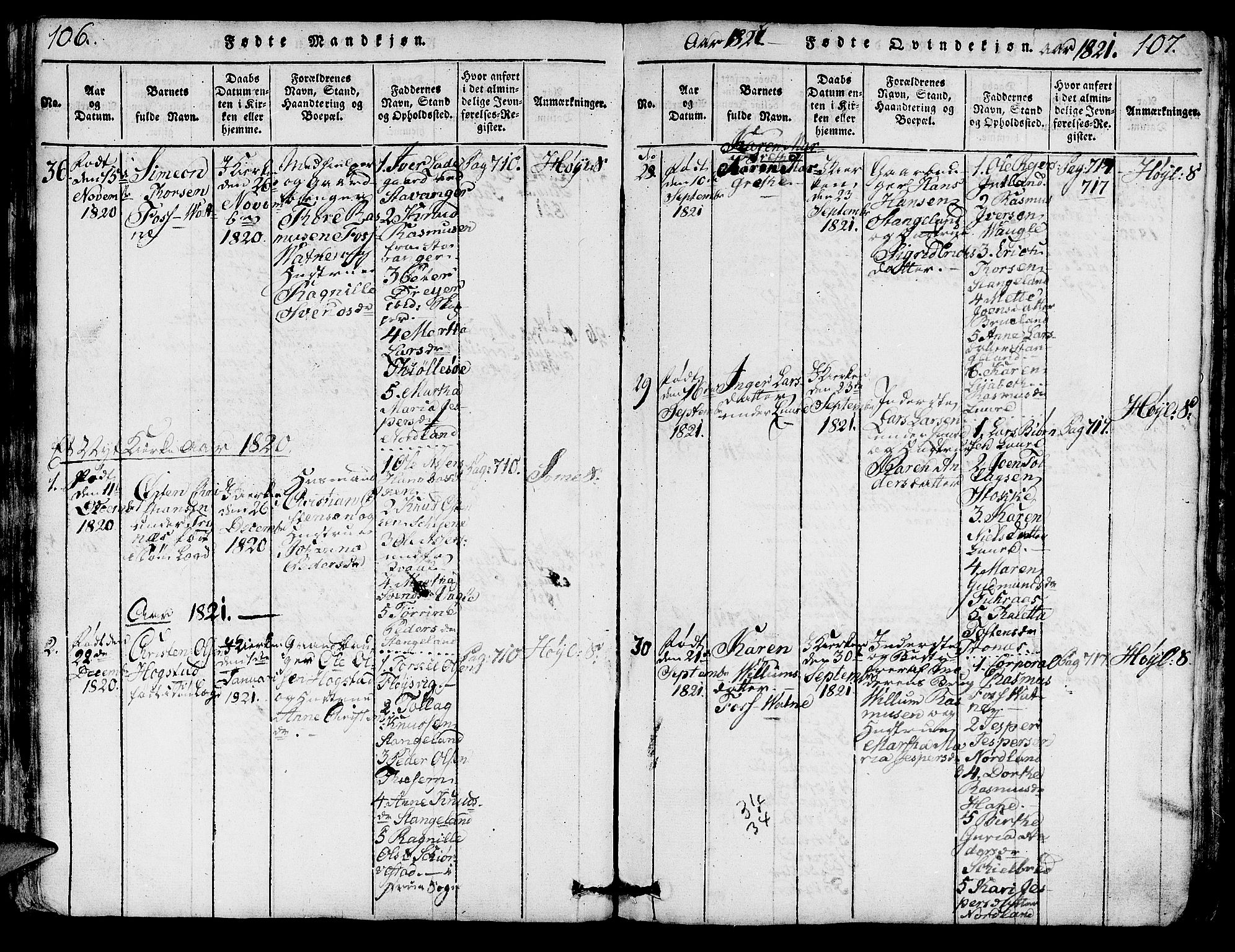 Høyland sokneprestkontor, AV/SAST-A-101799/001/30BA/L0006: Parish register (official) no. A 6, 1815-1825, p. 106-107