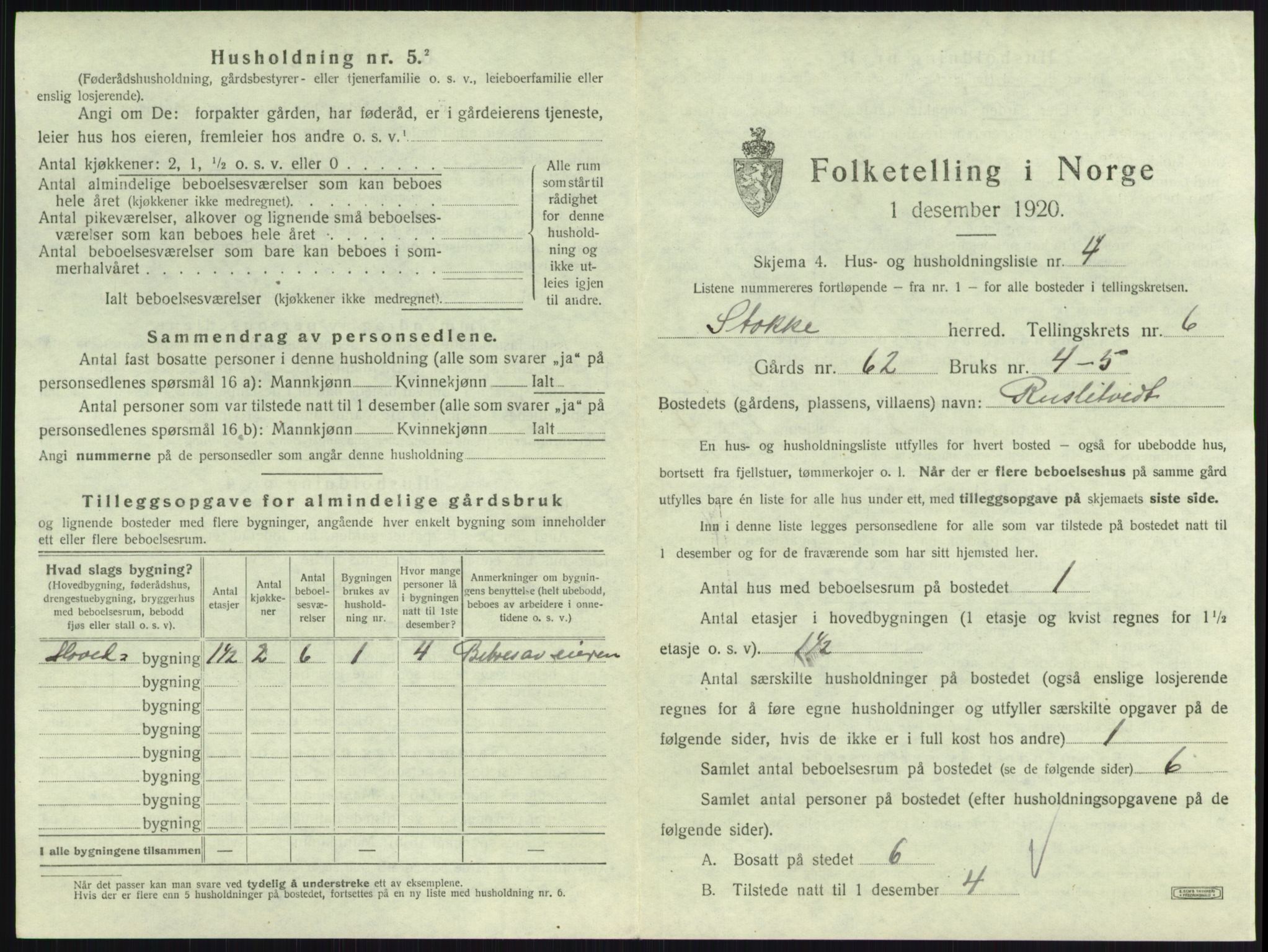 SAKO, 1920 census for Stokke, 1920, p. 1106