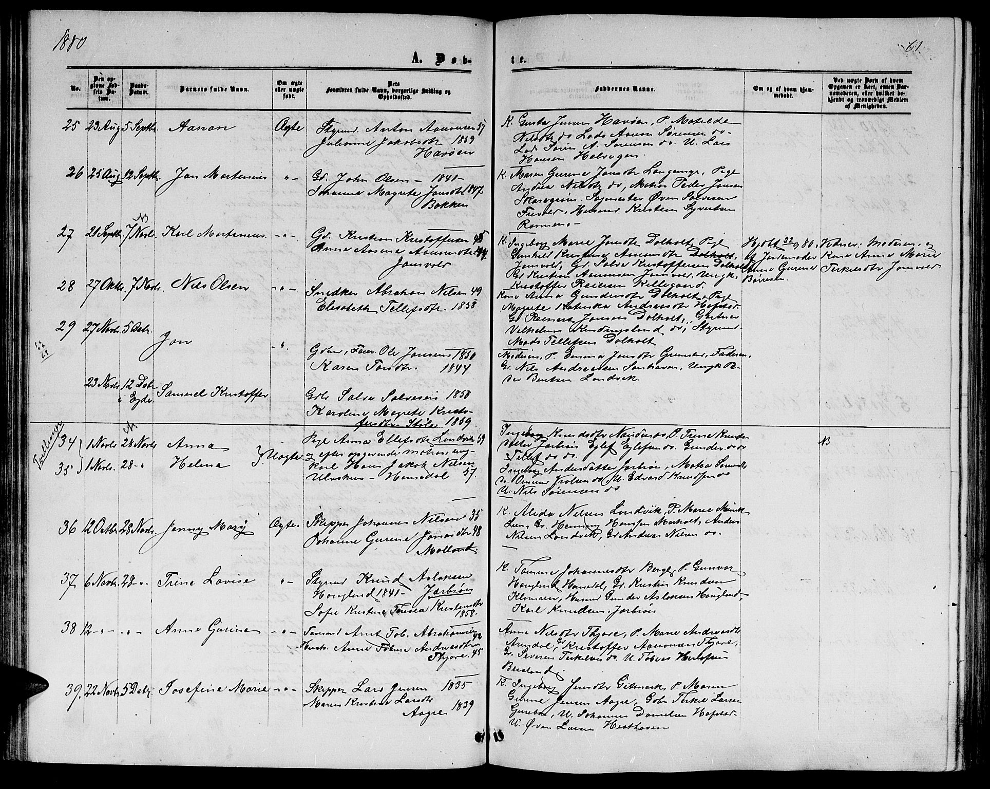 Hommedal sokneprestkontor, AV/SAK-1111-0023/F/Fb/Fbb/L0006: Parish register (copy) no. B 6, 1869-1884, p. 61