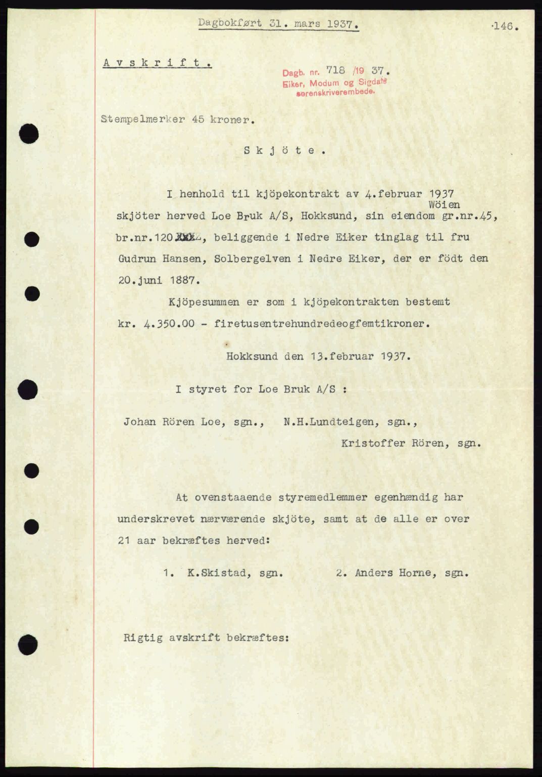 Eiker, Modum og Sigdal sorenskriveri, SAKO/A-123/G/Ga/Gab/L0035: Mortgage book no. A5, 1937-1937, Diary no: : 718/1937