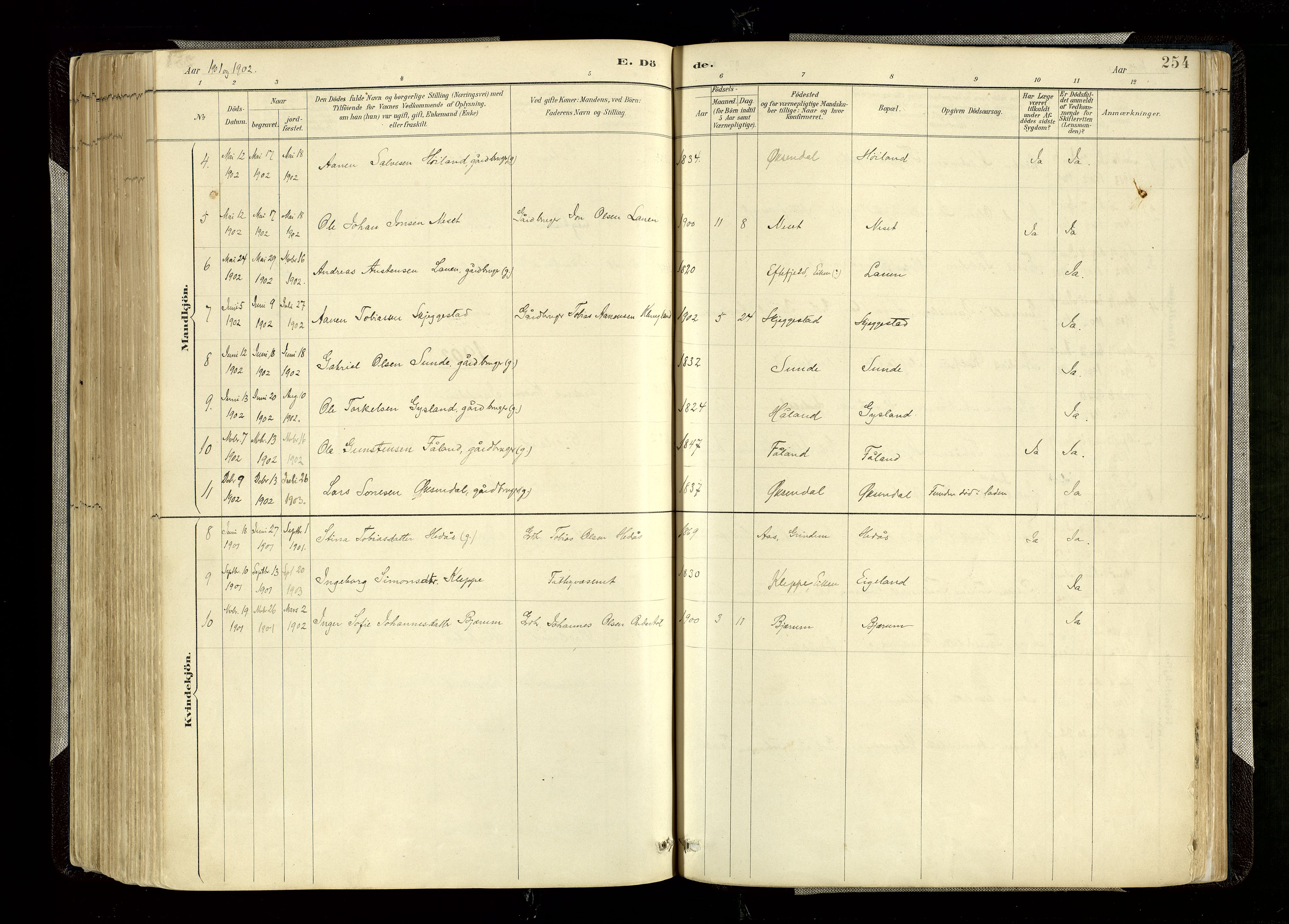 Hægebostad sokneprestkontor, SAK/1111-0024/F/Fa/Faa/L0006: Parish register (official) no. A 6, 1887-1929, p. 254