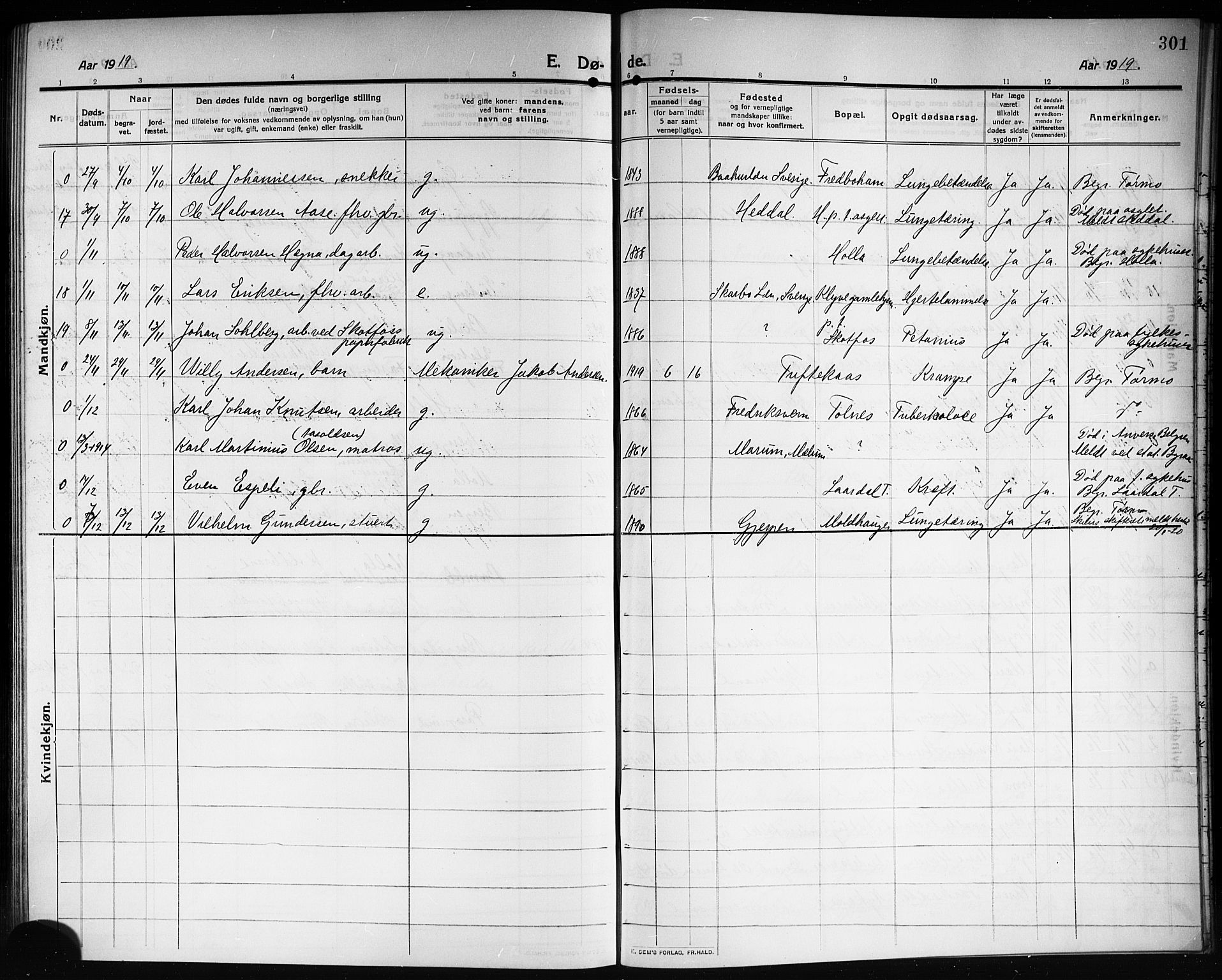 Solum kirkebøker, SAKO/A-306/G/Ga/L0009: Parish register (copy) no. I 9, 1909-1922, p. 301