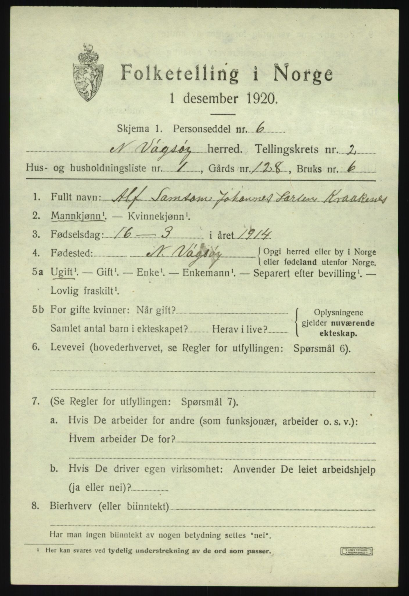 SAB, 1920 census for Nord-Vågsøy, 1920, p. 862