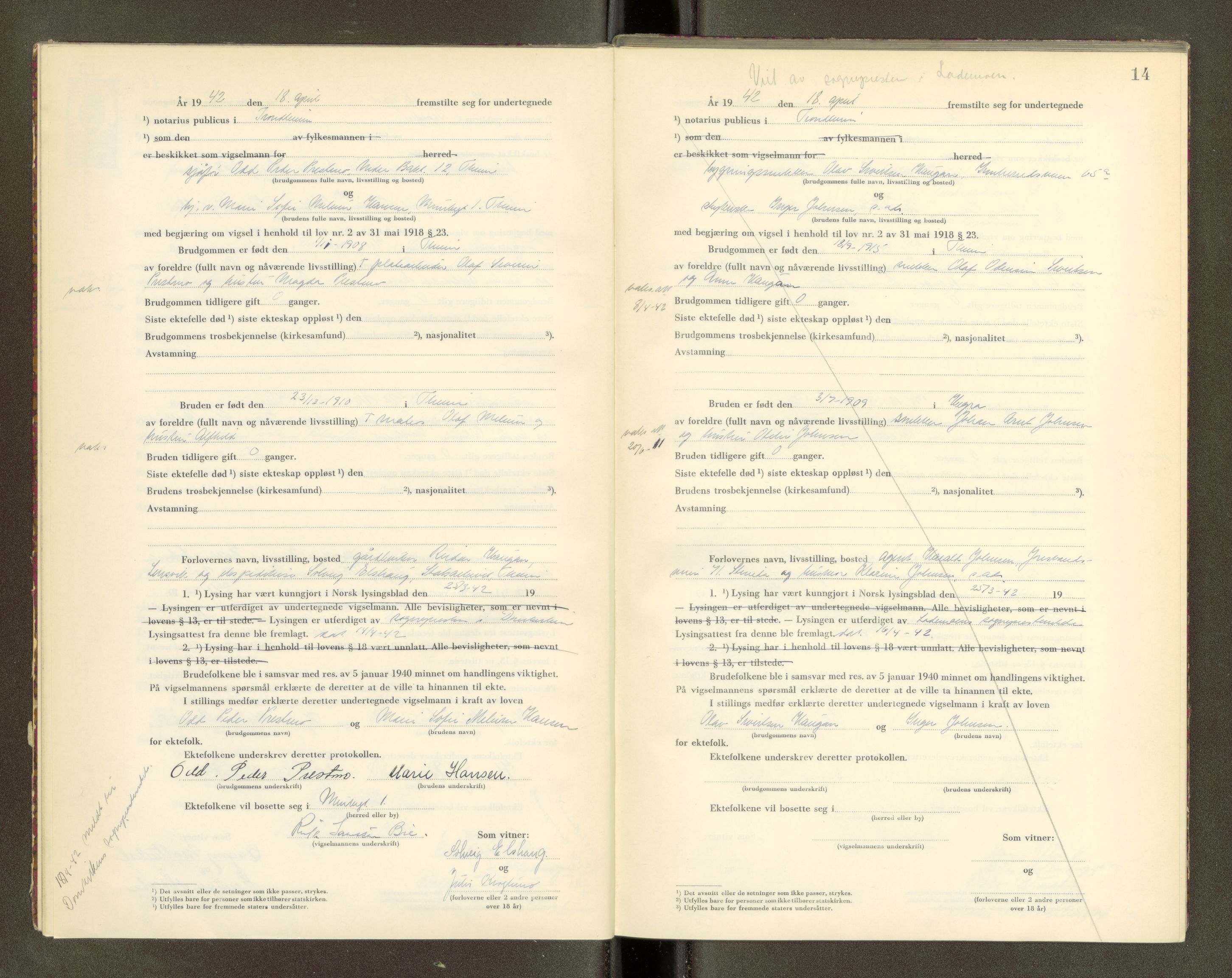 Trondheim byfogd, AV/SAT-A-0003/1/6/6D/L0002: Vigselbøker, 1937-1942, p. 14