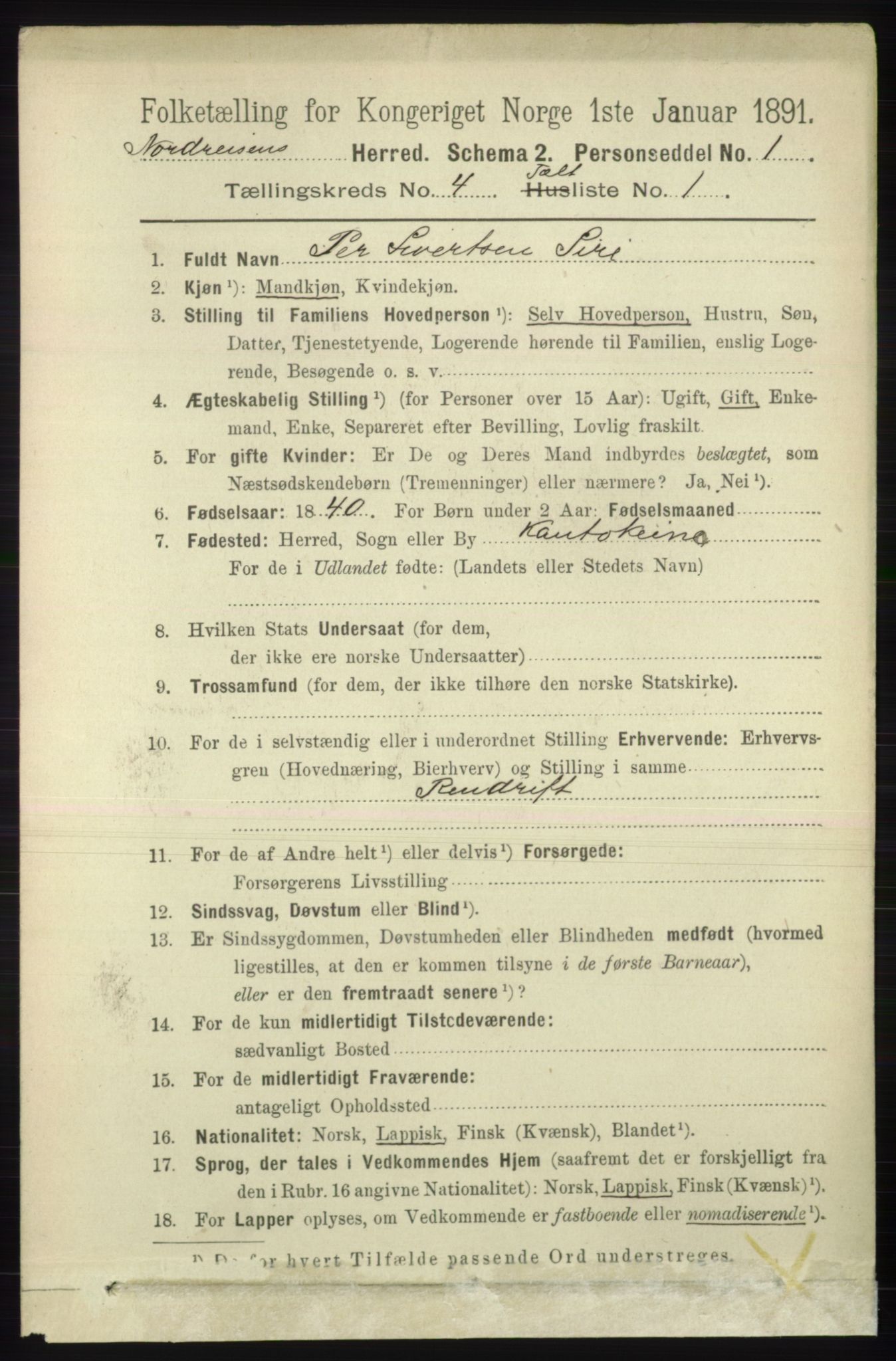 RA, 1891 census for 1942 Nordreisa, 1891, p. 1531