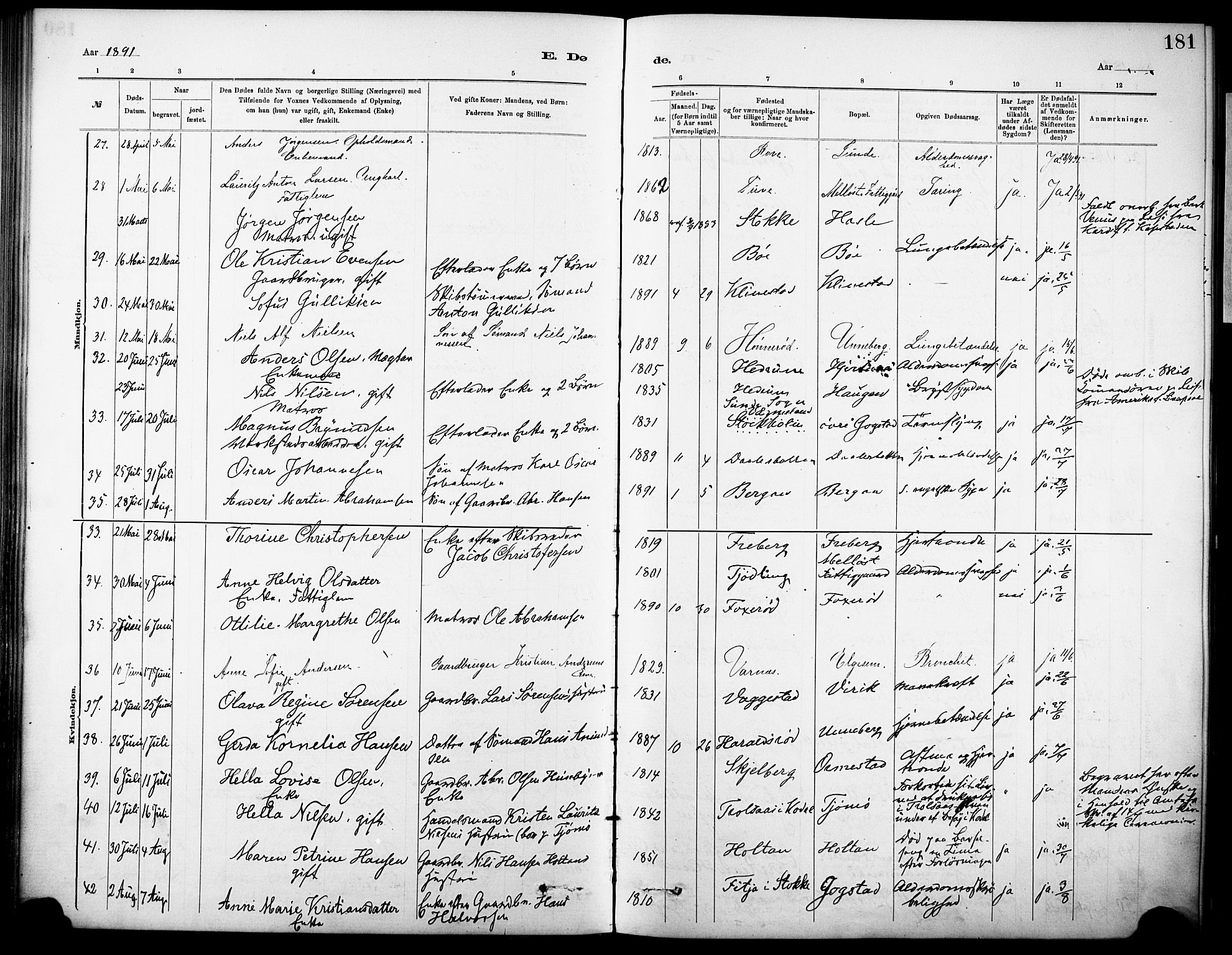 Sandar kirkebøker, SAKO/A-243/F/Fa/L0013: Parish register (official) no. 13, 1883-1895, p. 181