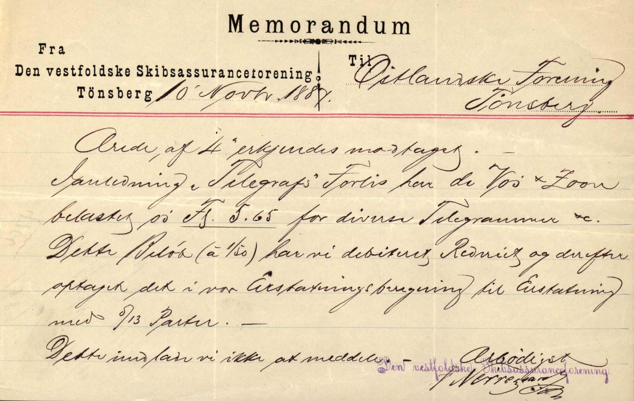 Pa 63 - Østlandske skibsassuranceforening, VEMU/A-1079/G/Ga/L0020/0010: Havaridokumenter / Anna, Silome, Oscarsborg, Memoria, Telegraf, 1887, p. 35