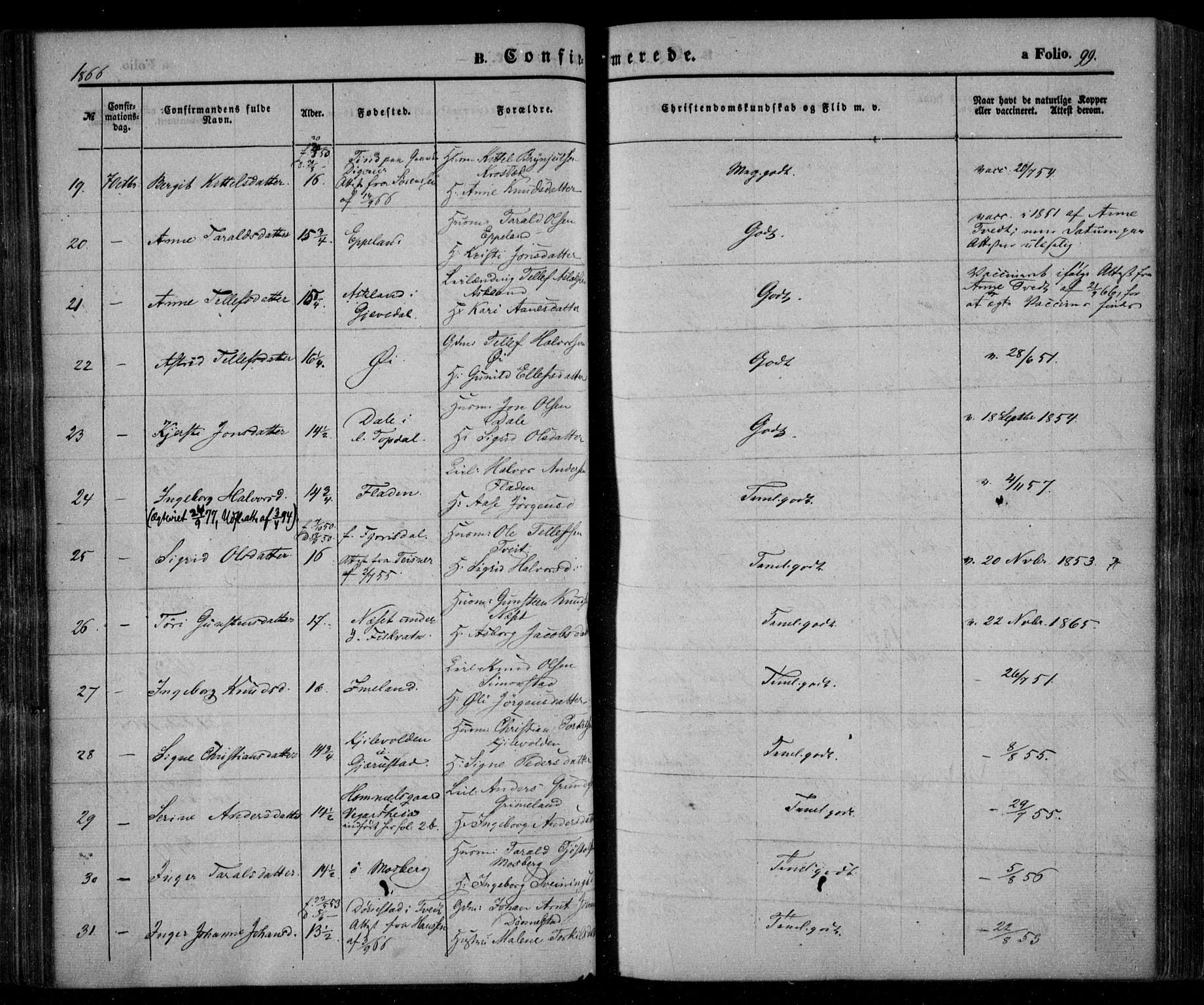 Åmli sokneprestkontor, AV/SAK-1111-0050/F/Fa/Fac/L0008: Parish register (official) no. A 8, 1852-1869, p. 99