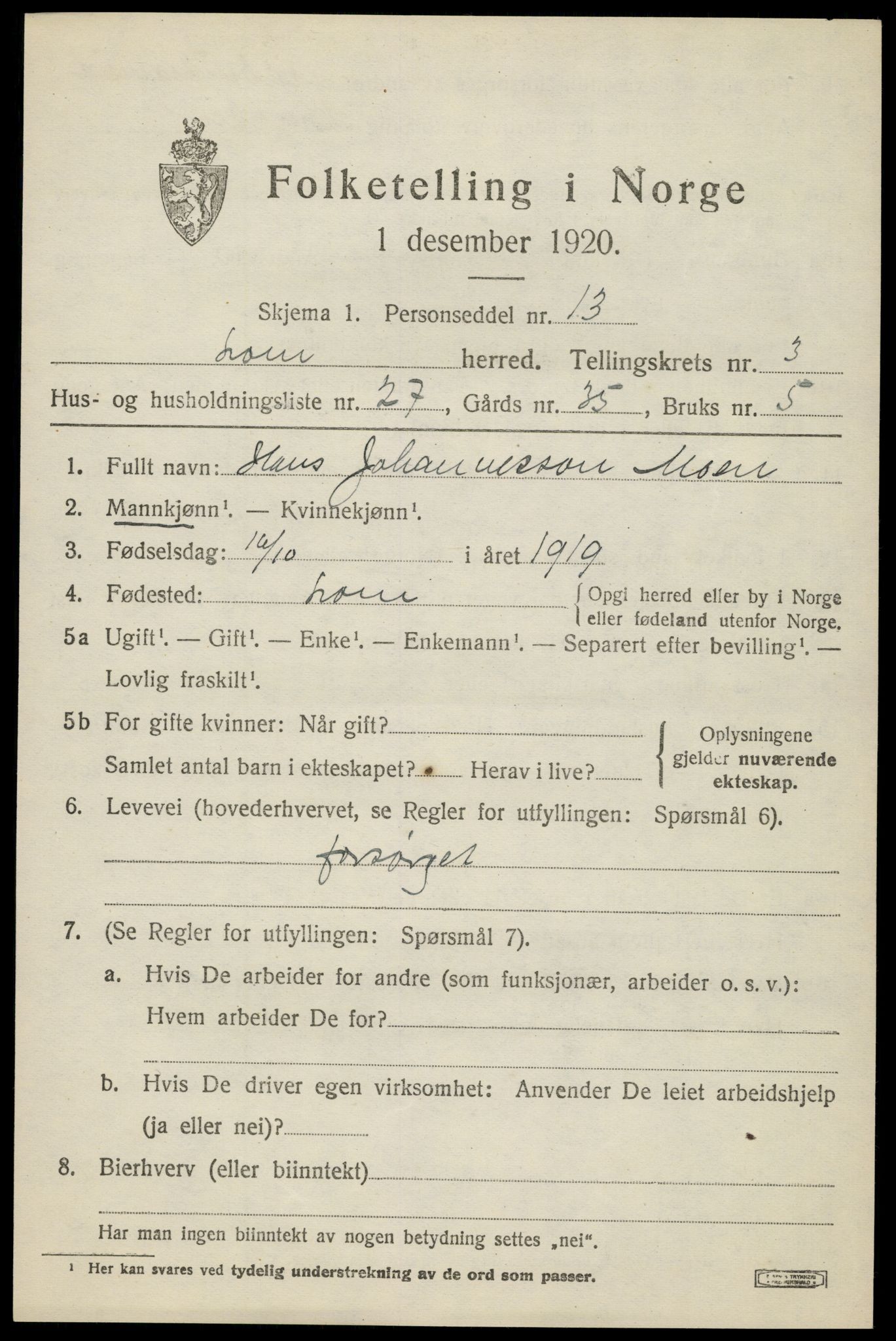 SAH, 1920 census for Lom, 1920, p. 2314