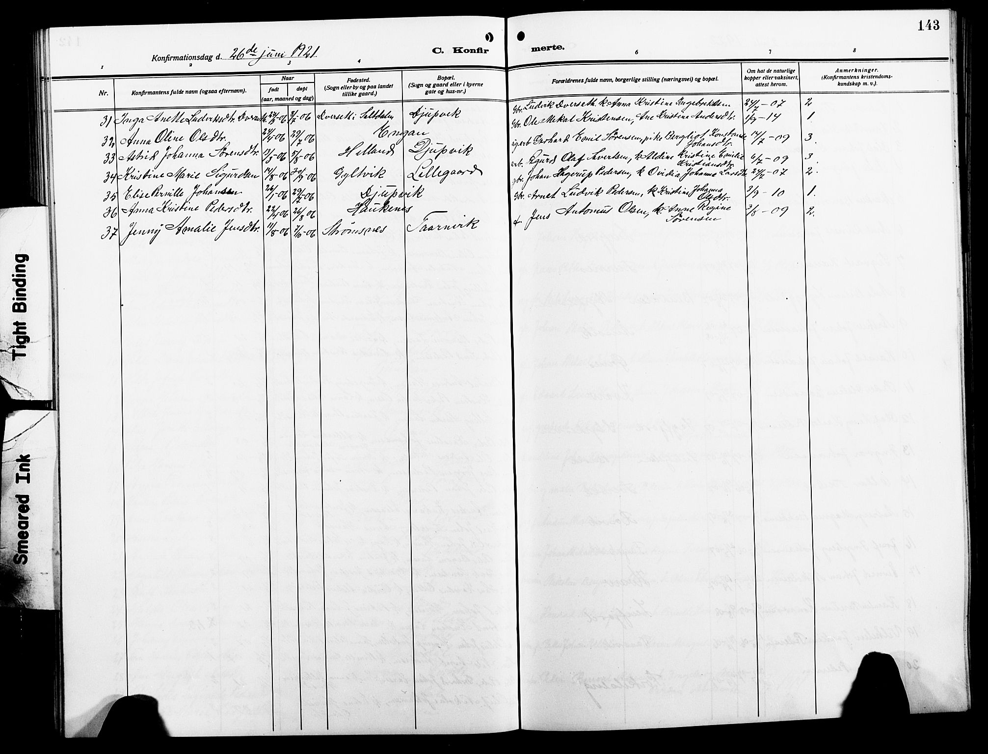 Ministerialprotokoller, klokkerbøker og fødselsregistre - Nordland, AV/SAT-A-1459/854/L0787: Parish register (copy) no. 854C03, 1913-1926, p. 143