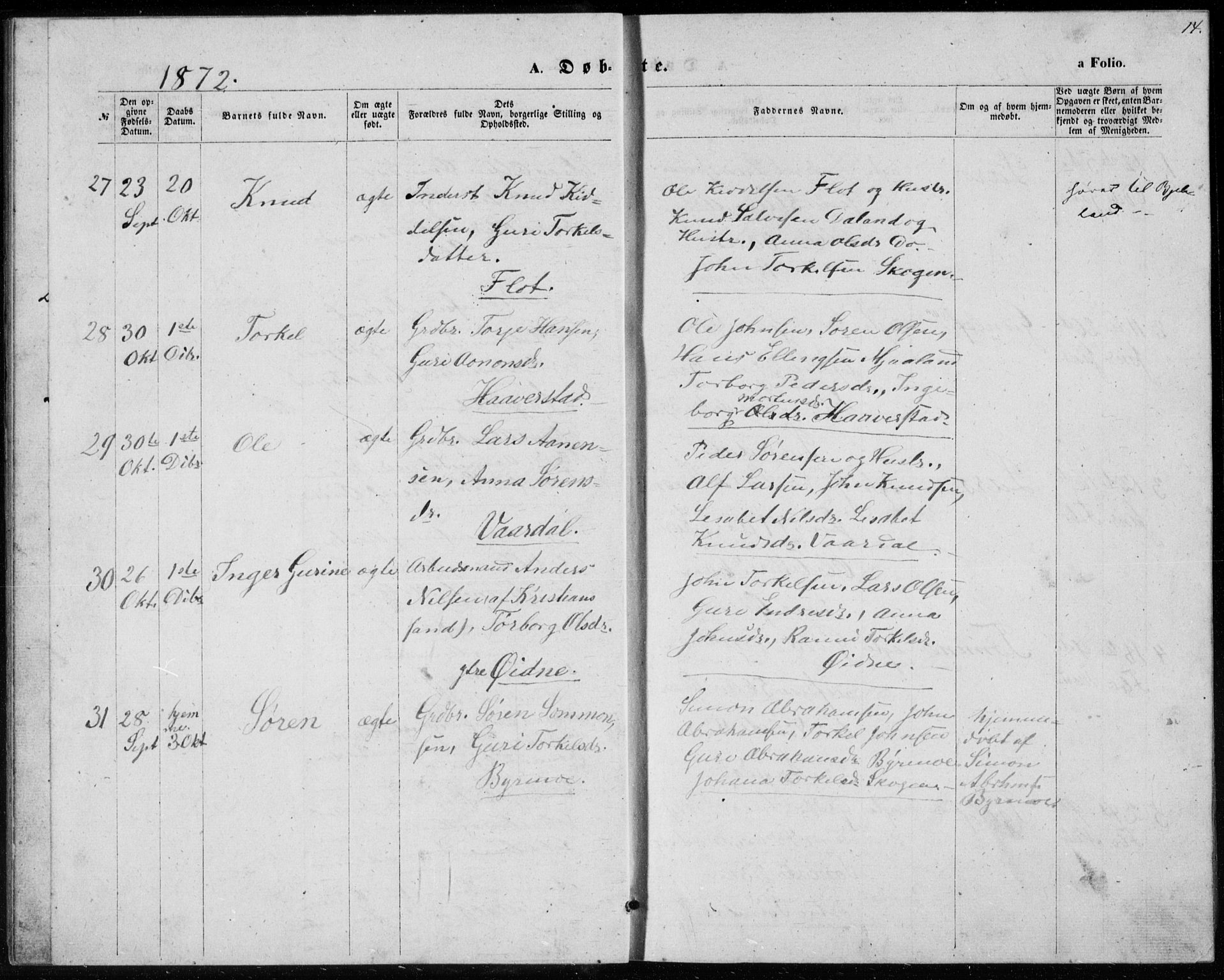 Bjelland sokneprestkontor, SAK/1111-0005/F/Fb/Fbc/L0002: Parish register (copy) no. B 2, 1867-1887, p. 14
