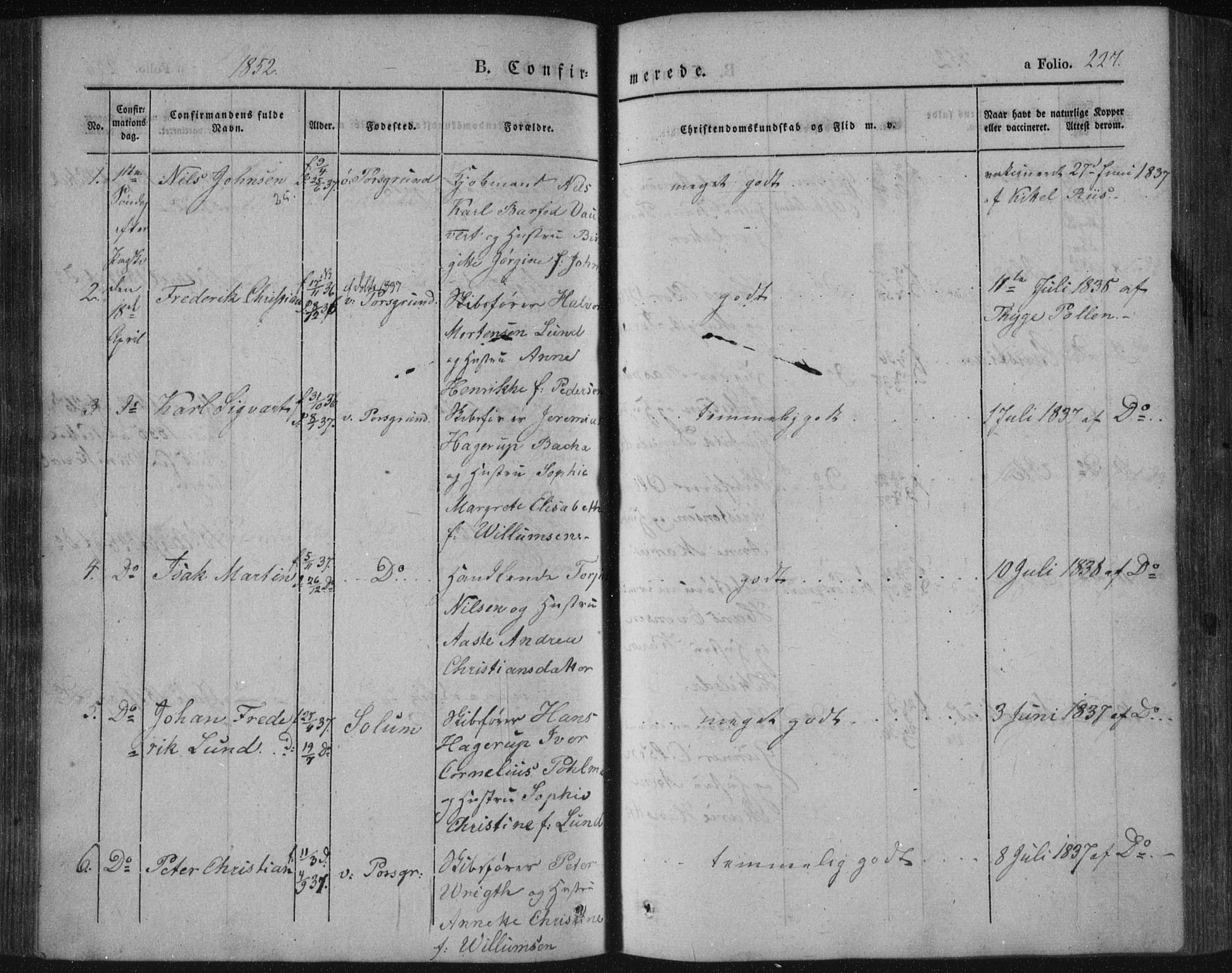 Porsgrunn kirkebøker , SAKO/A-104/F/Fa/L0006: Parish register (official) no. 6, 1841-1857, p. 227