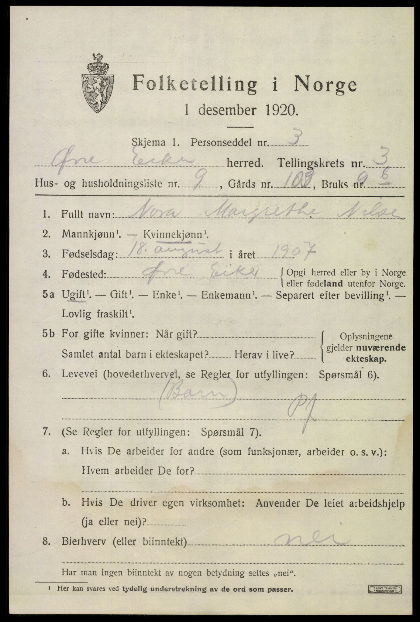 SAKO, 1920 census for Øvre Eiker, 1920, p. 8198