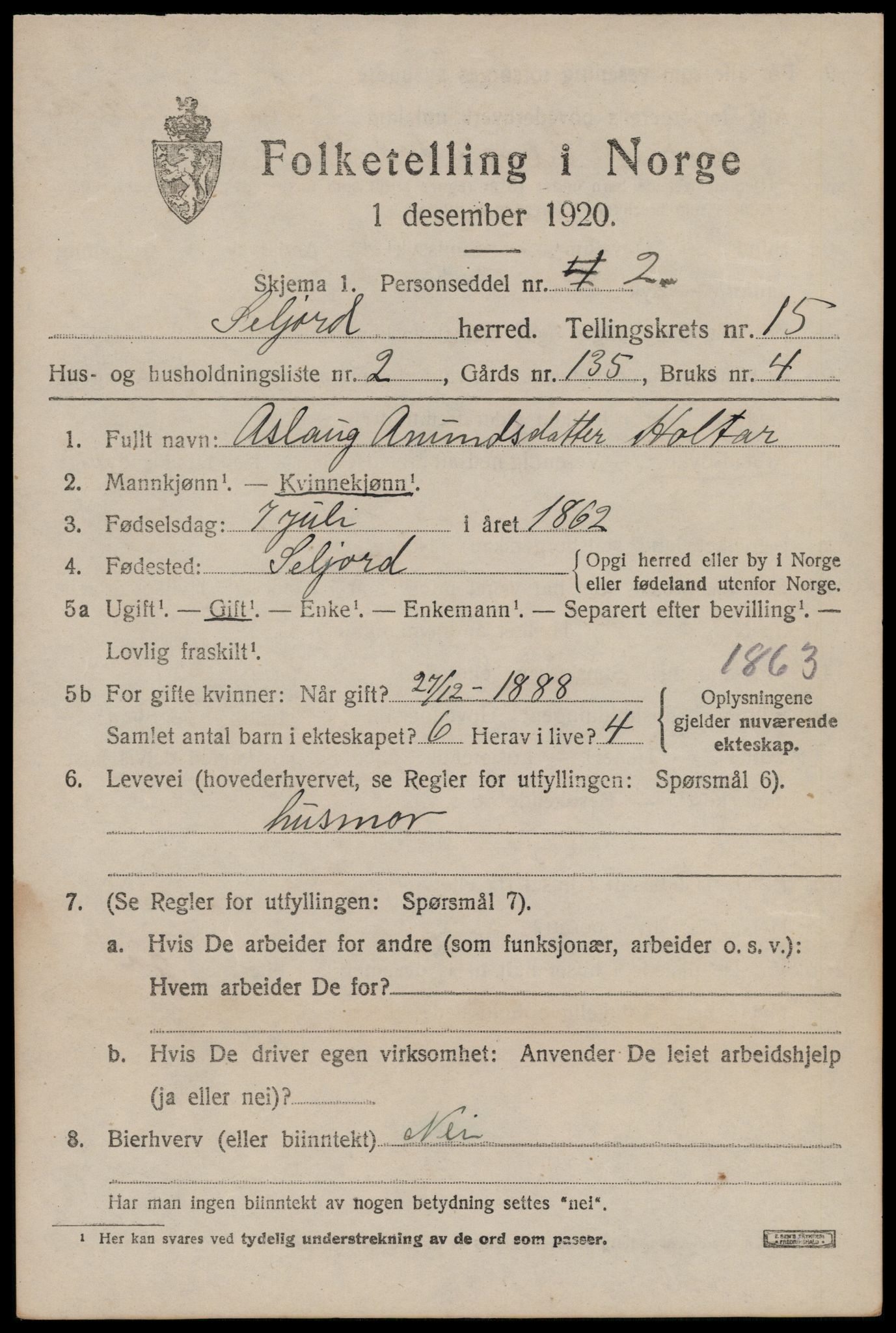 SAKO, 1920 census for Seljord, 1920, p. 6436