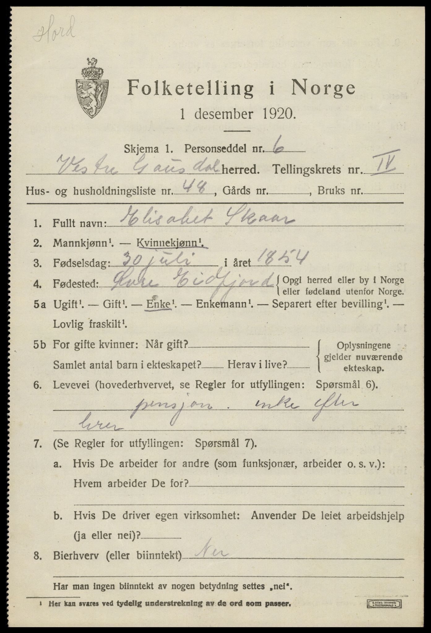 SAH, 1920 census for Vestre Gausdal, 1920, p. 3681