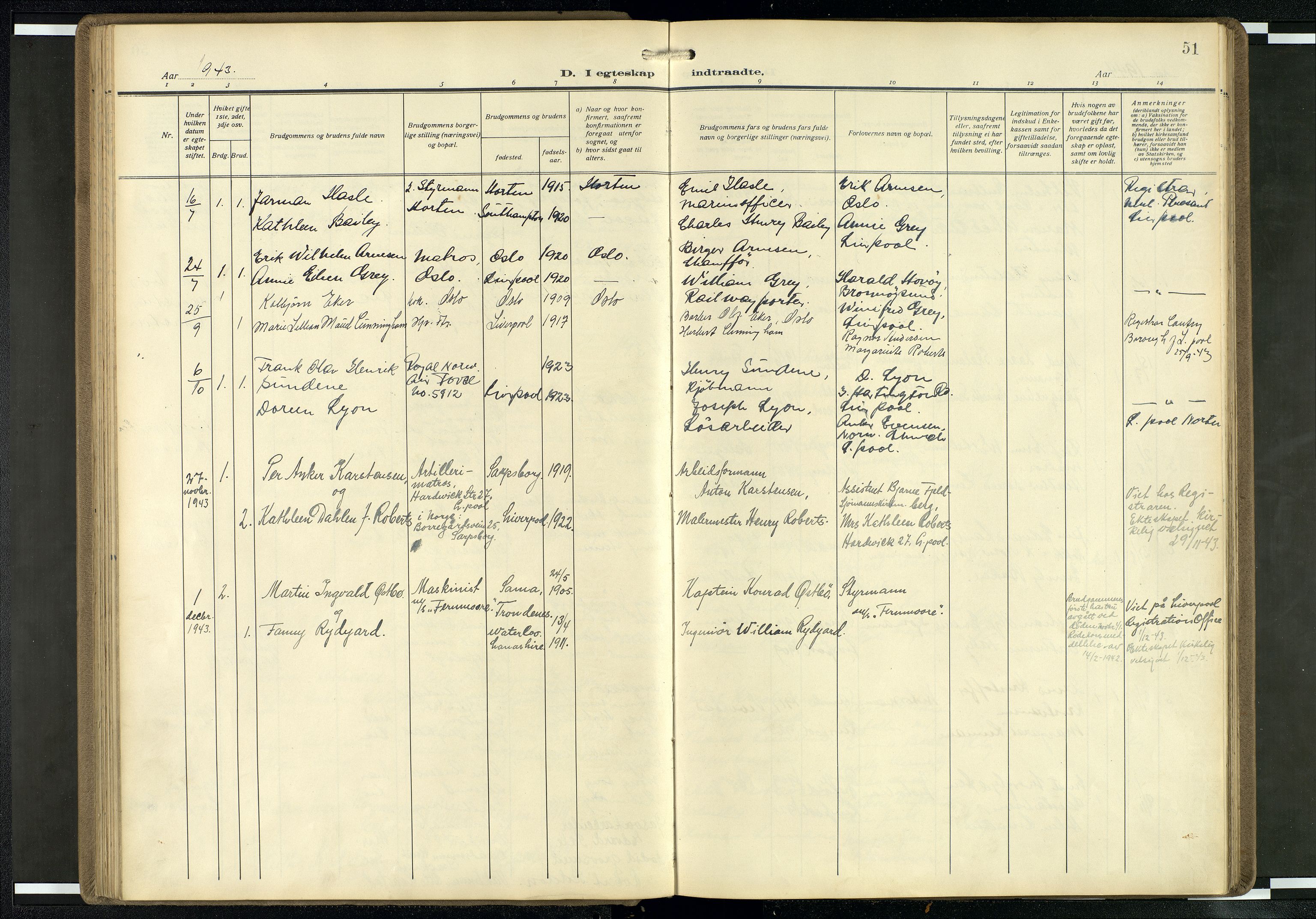 Den norske sjømannsmisjon i utlandet/Mersey-havnene (Liverpool), SAB/SAB/PA-0104/H/Ha/L0001: Parish register (official) no. A 1, 1919-1954, p. 50b-51a