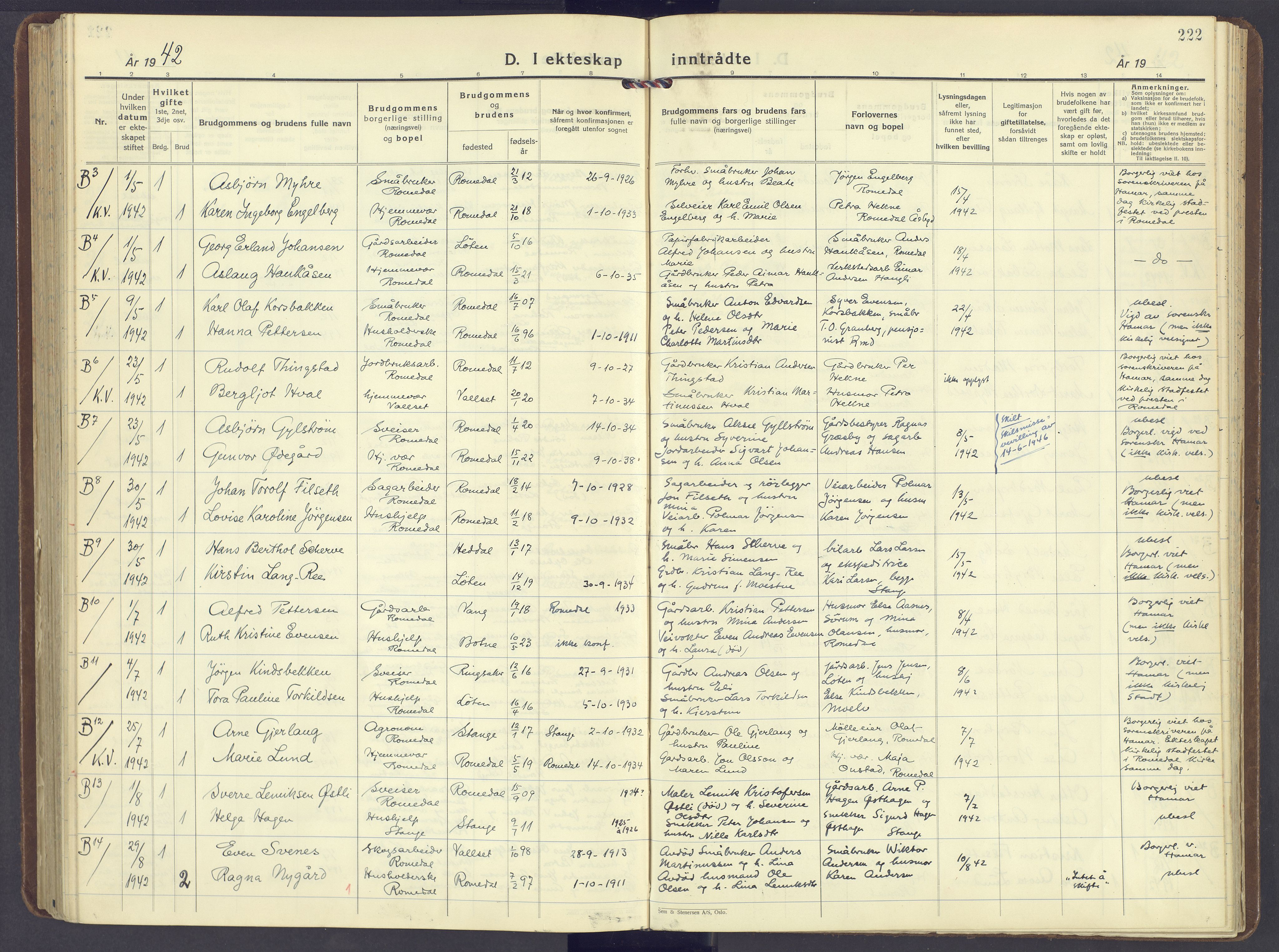 Romedal prestekontor, SAH/PREST-004/K/L0014: Parish register (official) no. 14, 1936-1949, p. 222