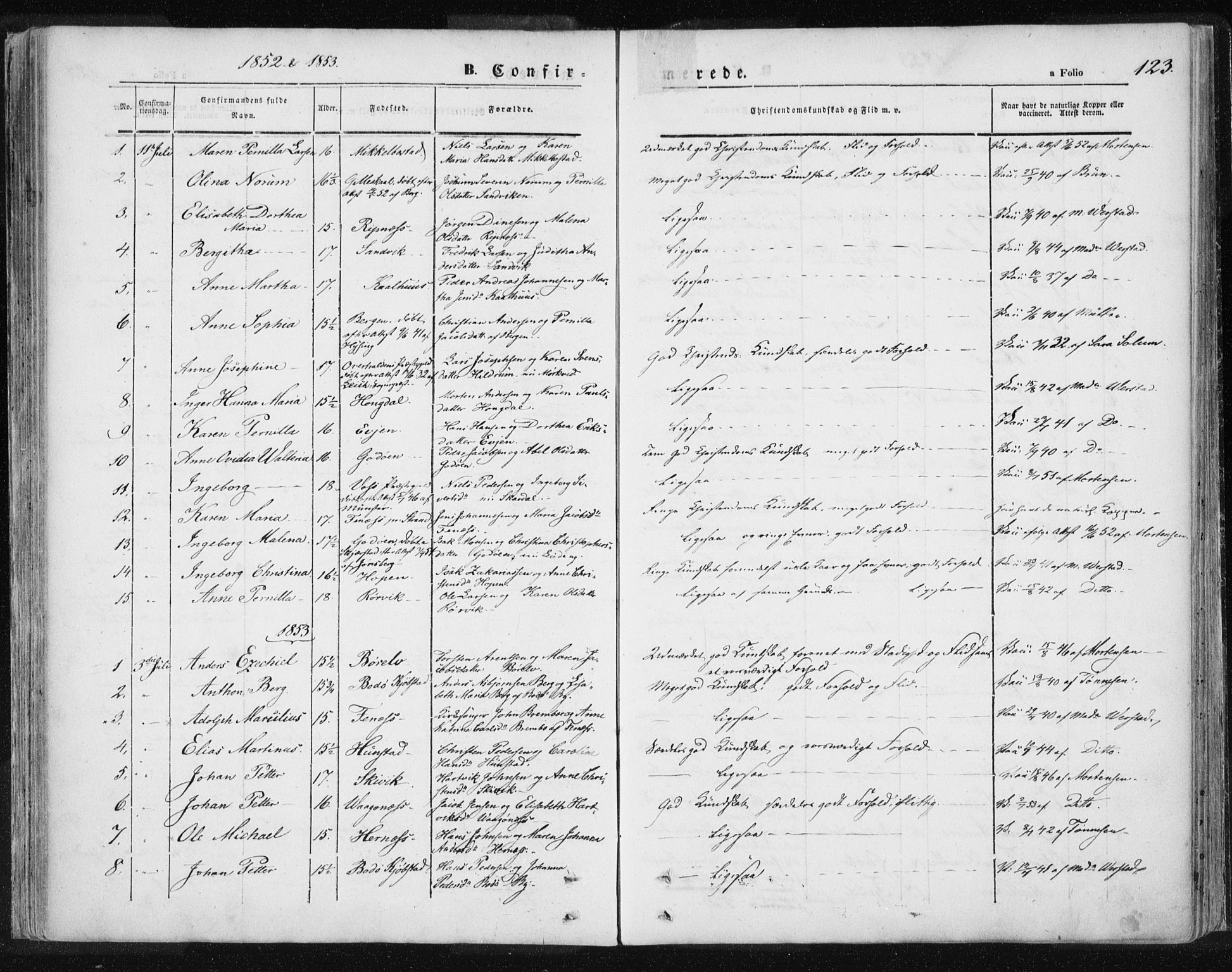 Ministerialprotokoller, klokkerbøker og fødselsregistre - Nordland, SAT/A-1459/801/L0007: Parish register (official) no. 801A07, 1845-1863, p. 123