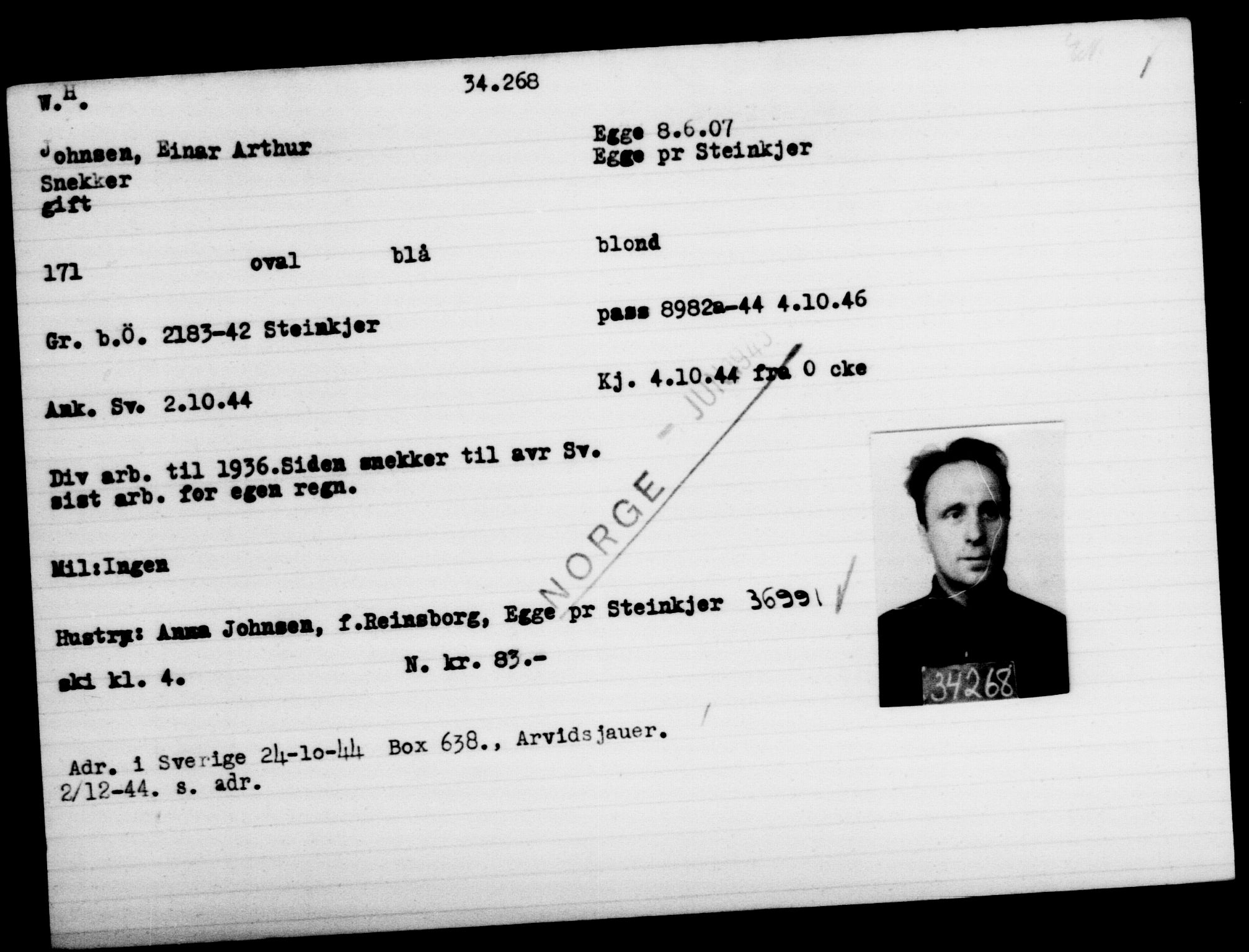 Utenriksstasjonene, Legasjonen i Stockholm, Flyktningkontoret, AV/RA-S-6753/V/Va/L0013: Kjesäterkartoteket, flyktninger med registreringsnr. 31500-34731, 1940-1945, p. 2920