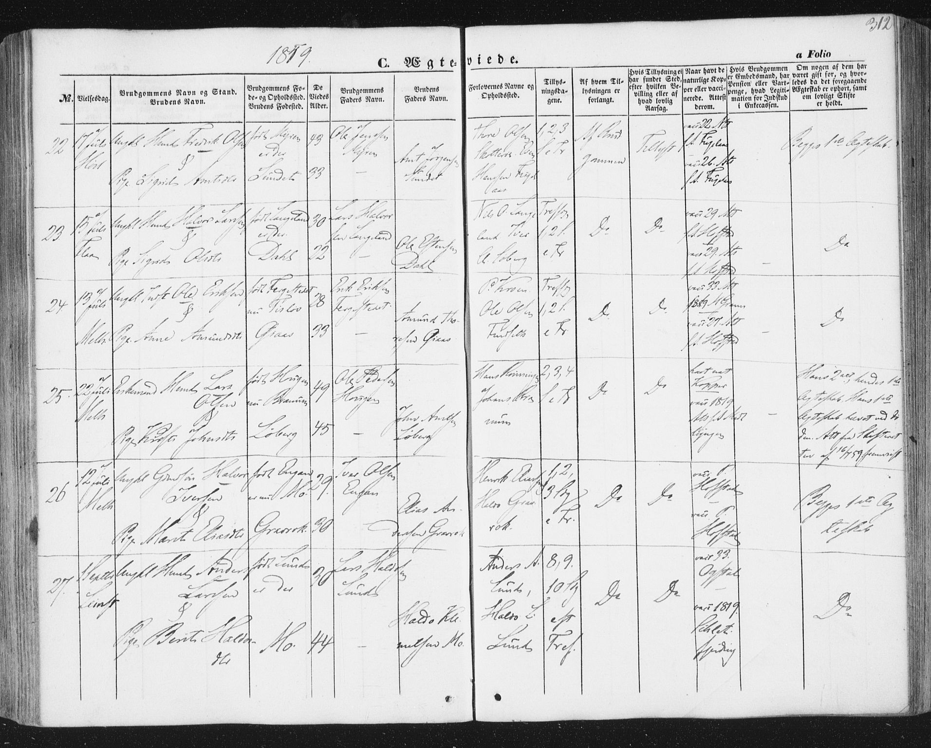 Ministerialprotokoller, klokkerbøker og fødselsregistre - Sør-Trøndelag, AV/SAT-A-1456/691/L1076: Parish register (official) no. 691A08, 1852-1861, p. 312