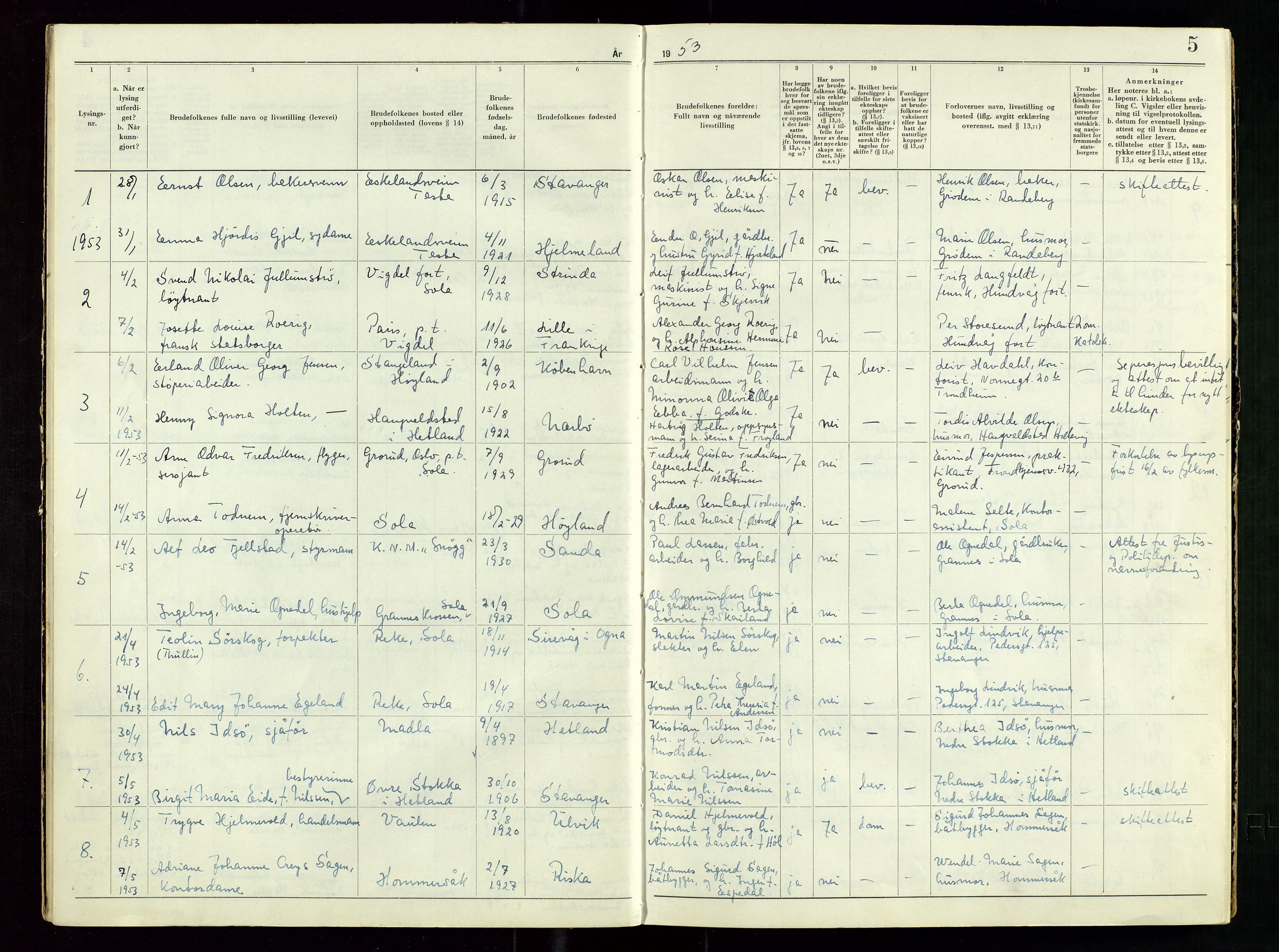 Hafrsfjord sorenskriveri, SAST/A-100313/I/Ib/L0001: LYSINGSPROTOKOLL, 1951-1967, p. 5