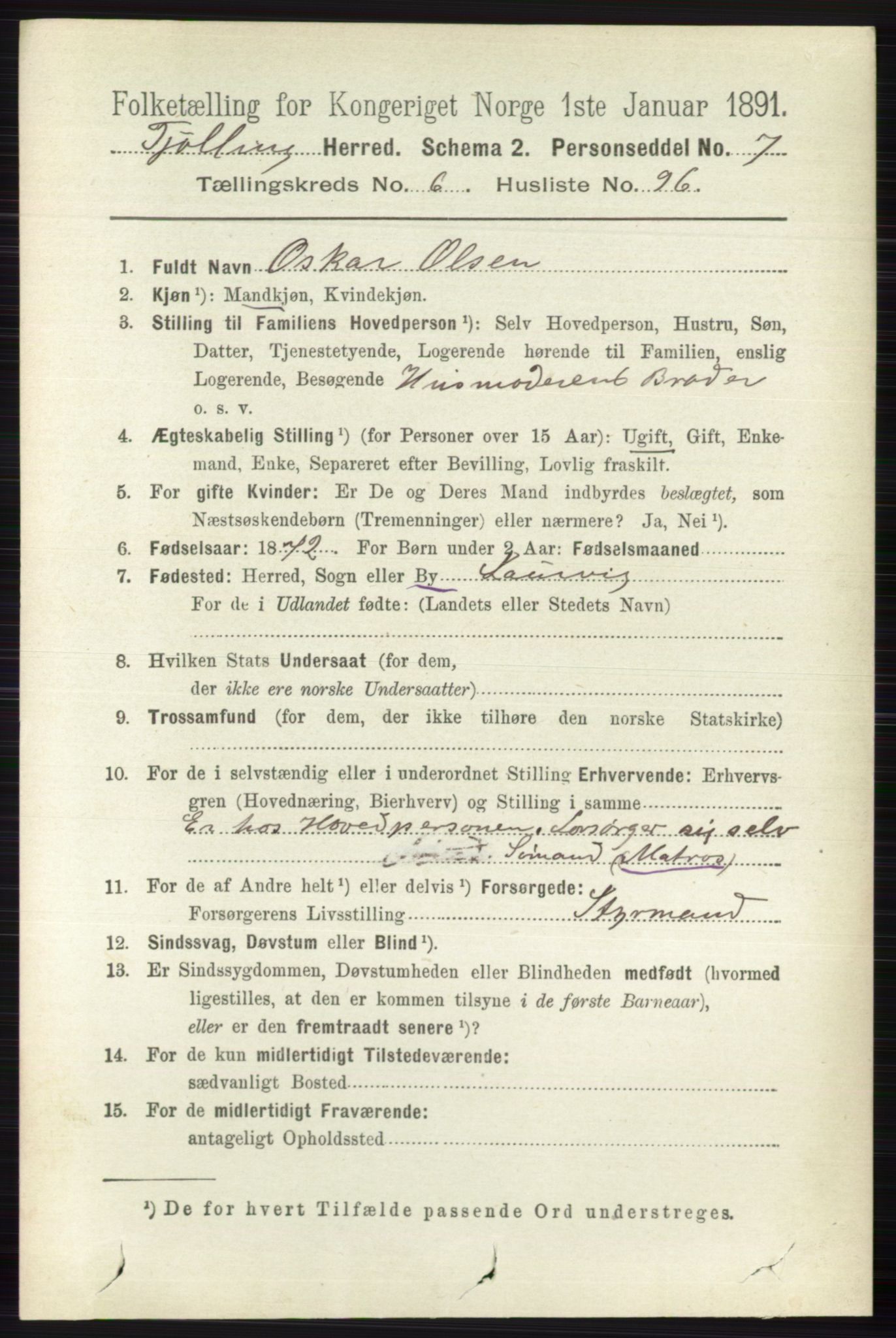 RA, 1891 census for 0725 Tjølling, 1891, p. 3542