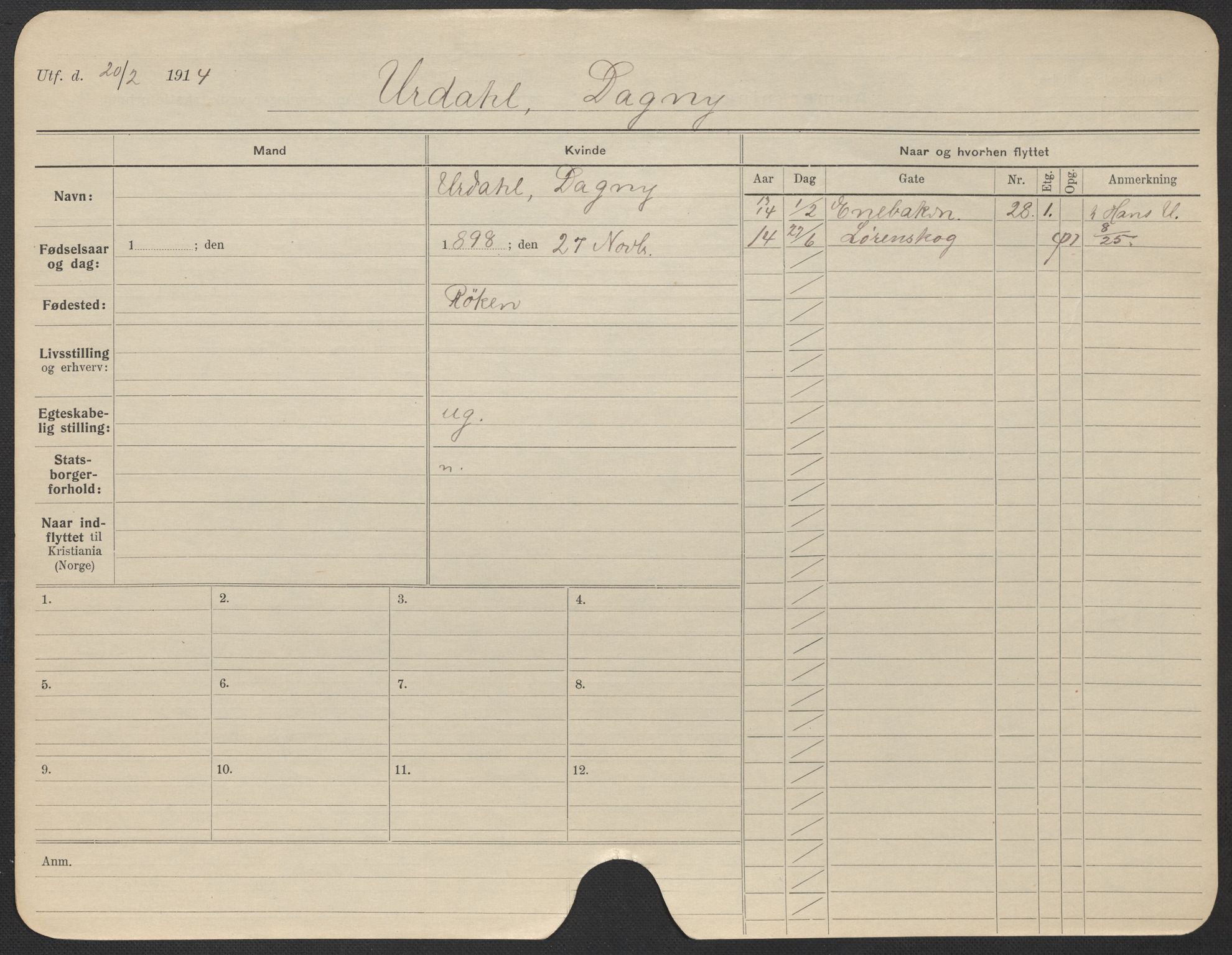 Oslo folkeregister, Registerkort, SAO/A-11715/F/Fa/Fac/L0025: Kvinner, 1906-1914, p. 476a