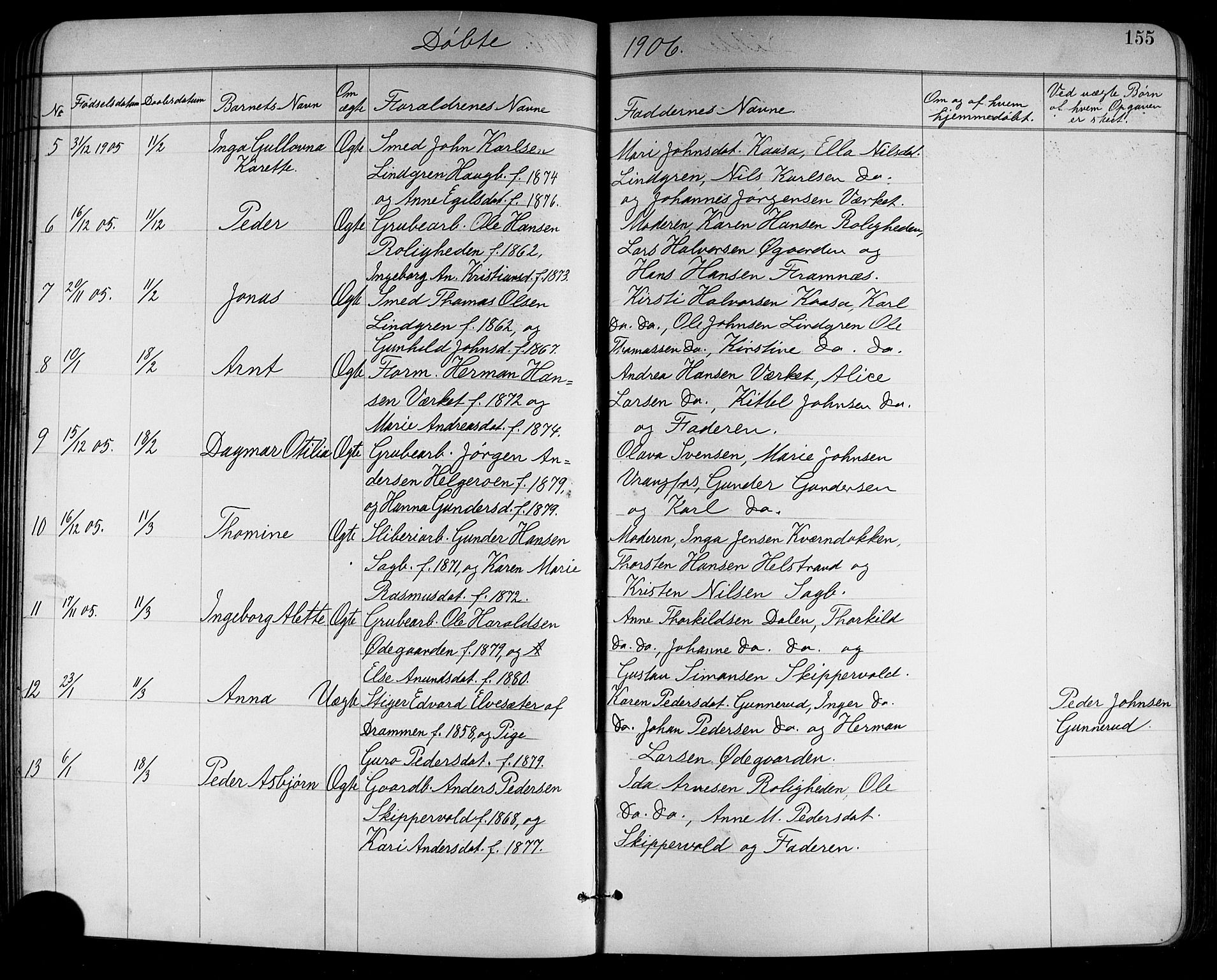 Holla kirkebøker, SAKO/A-272/G/Ga/L0005: Parish register (copy) no. I 5, 1891-1917, p. 155
