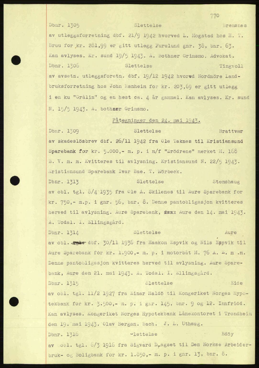 Nordmøre sorenskriveri, AV/SAT-A-4132/1/2/2Ca: Mortgage book no. C81, 1940-1945, Diary no: : 1305/1943