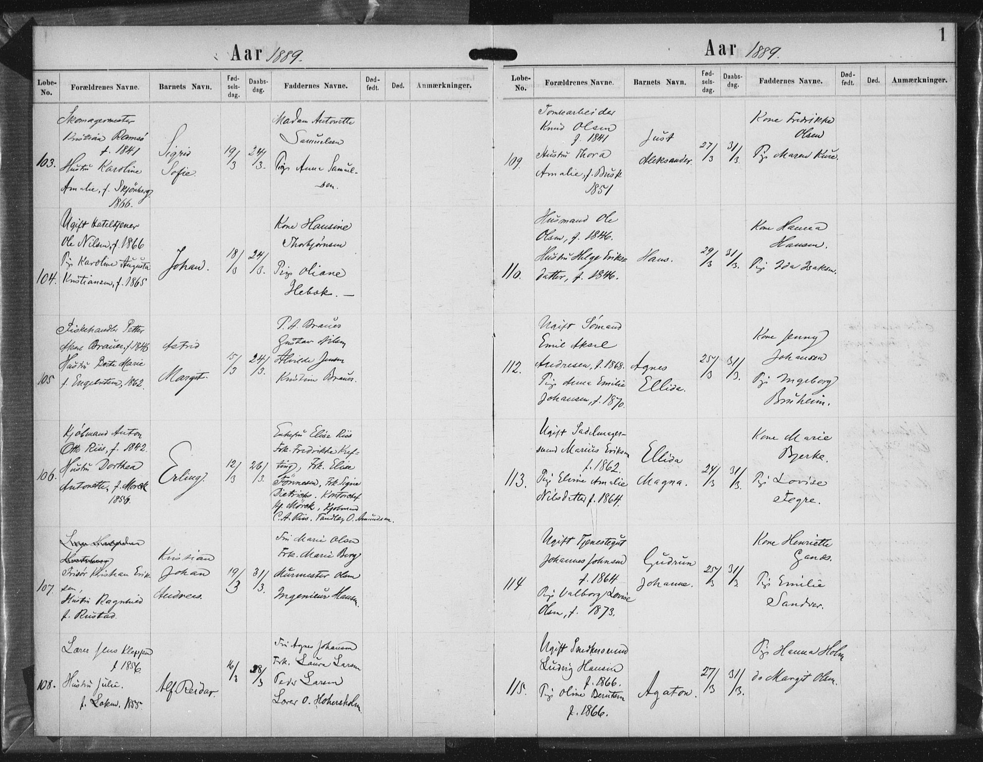 Rikshospitalet prestekontor Kirkebøker, AV/SAO-A-10309b/K/L0003/0003: Baptism register no. 3.3, 1889-1892, p. 1