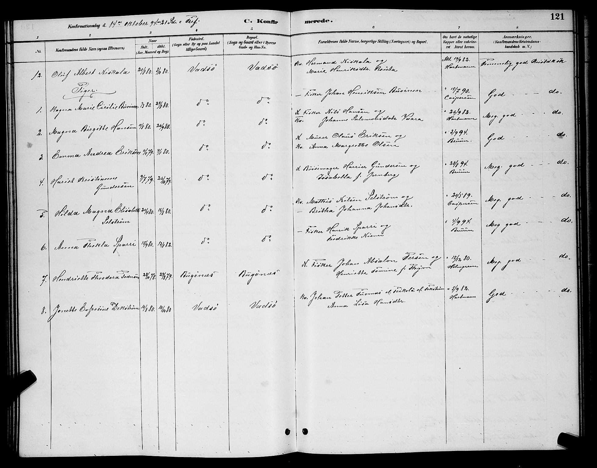 Vadsø sokneprestkontor, SATØ/S-1325/H/Hb/L0004klokker: Parish register (copy) no. 4, 1885-1895, p. 121