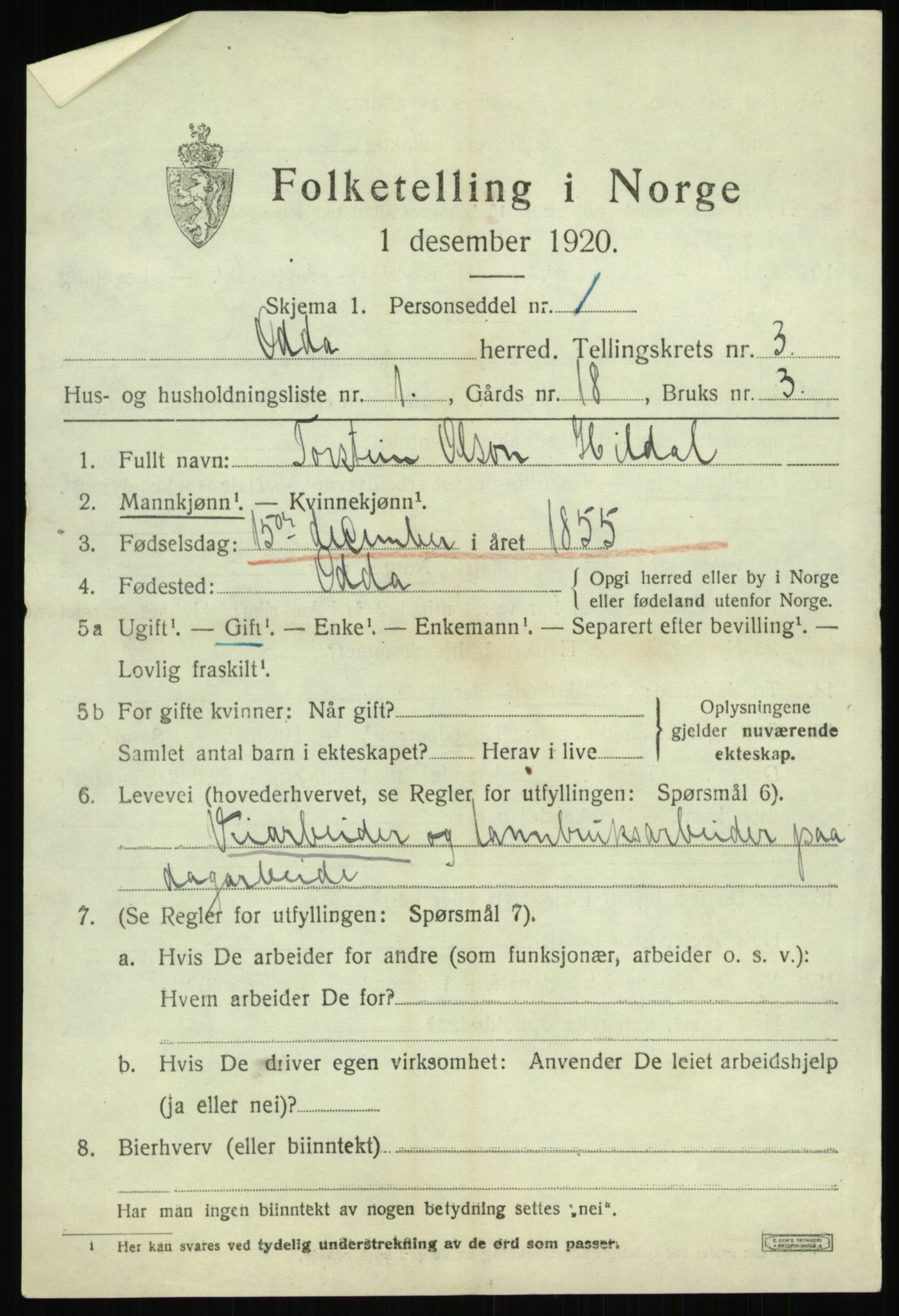 SAB, 1920 census for Odda, 1920, p. 2143