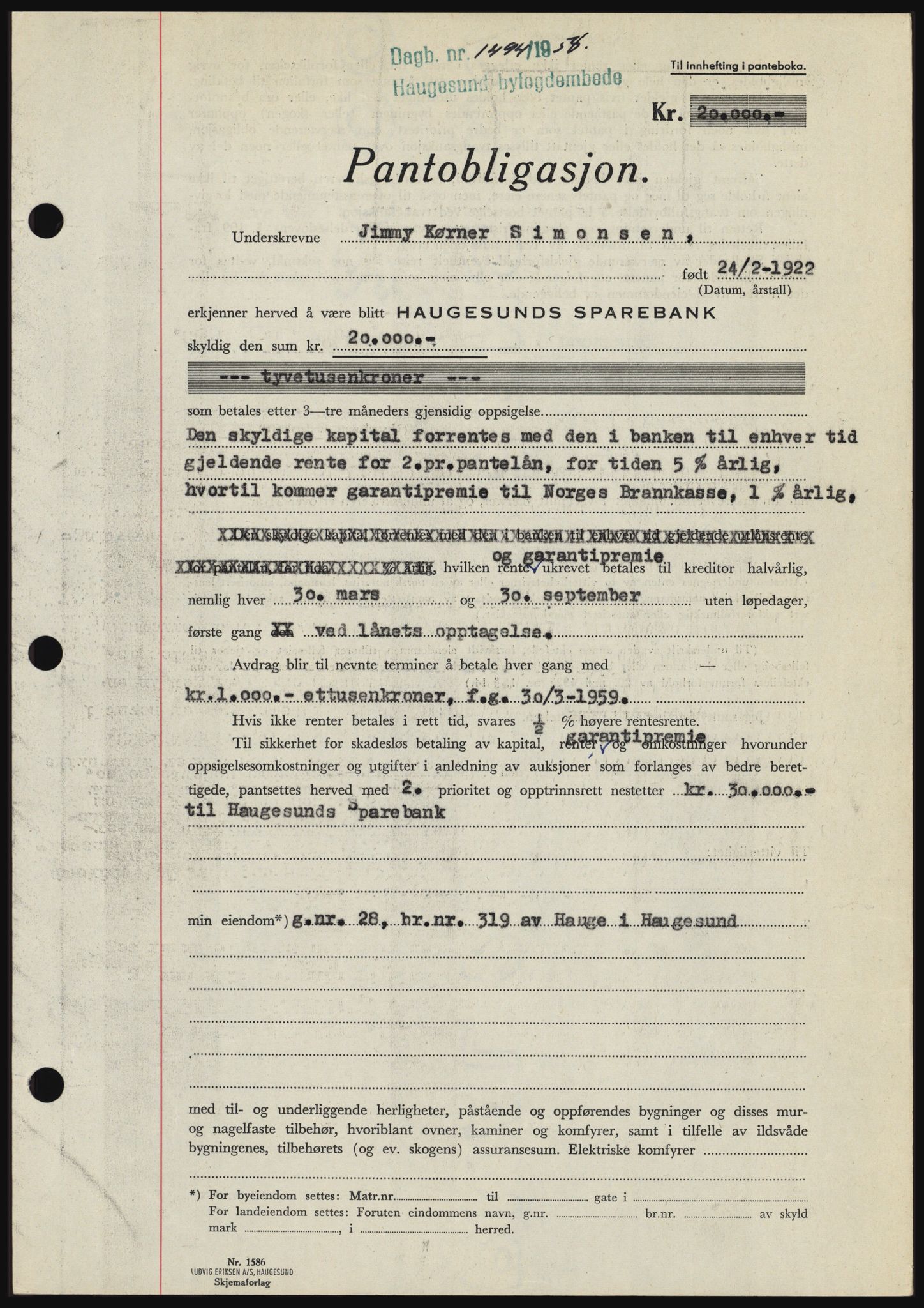 Haugesund tingrett, SAST/A-101415/01/II/IIC/L0044: Mortgage book no. B 44, 1958-1959, Diary no: : 1494/1958