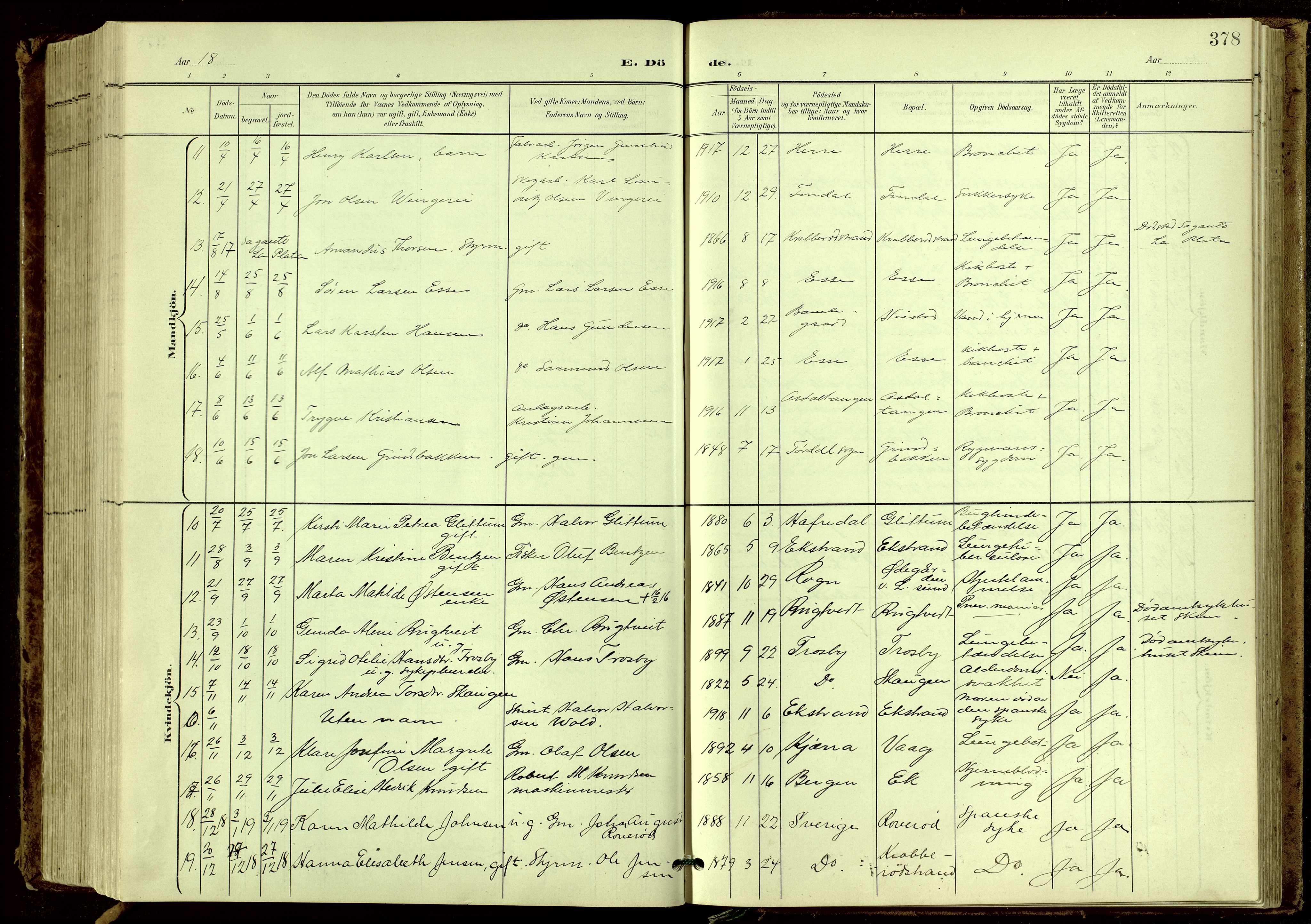 Bamble kirkebøker, SAKO/A-253/G/Ga/L0010: Parish register (copy) no. I 10, 1901-1919, p. 378