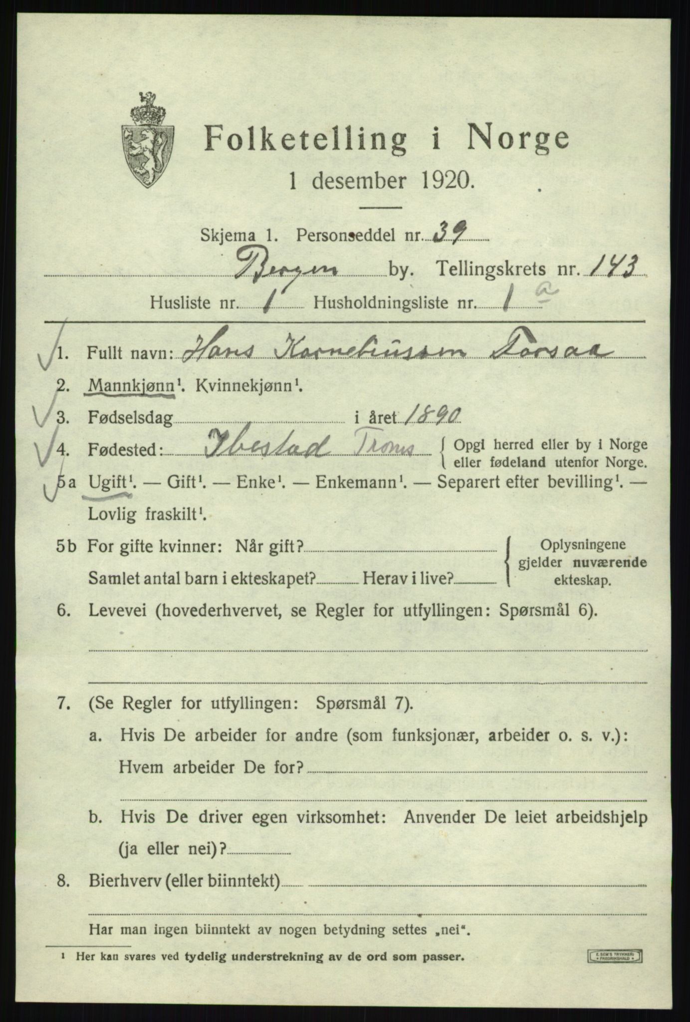 SAB, 1920 census for Bergen, 1920, p. 237932