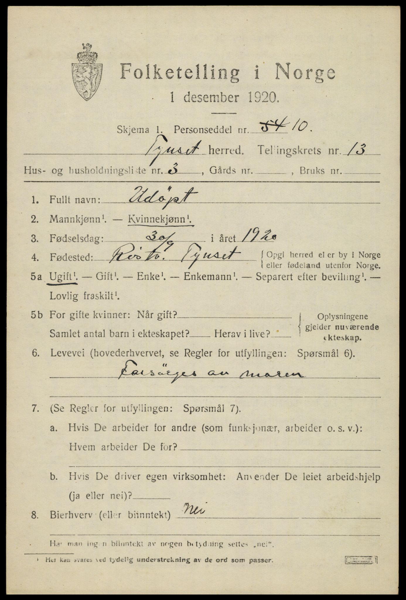 SAH, 1920 census for Tynset, 1920, p. 8606