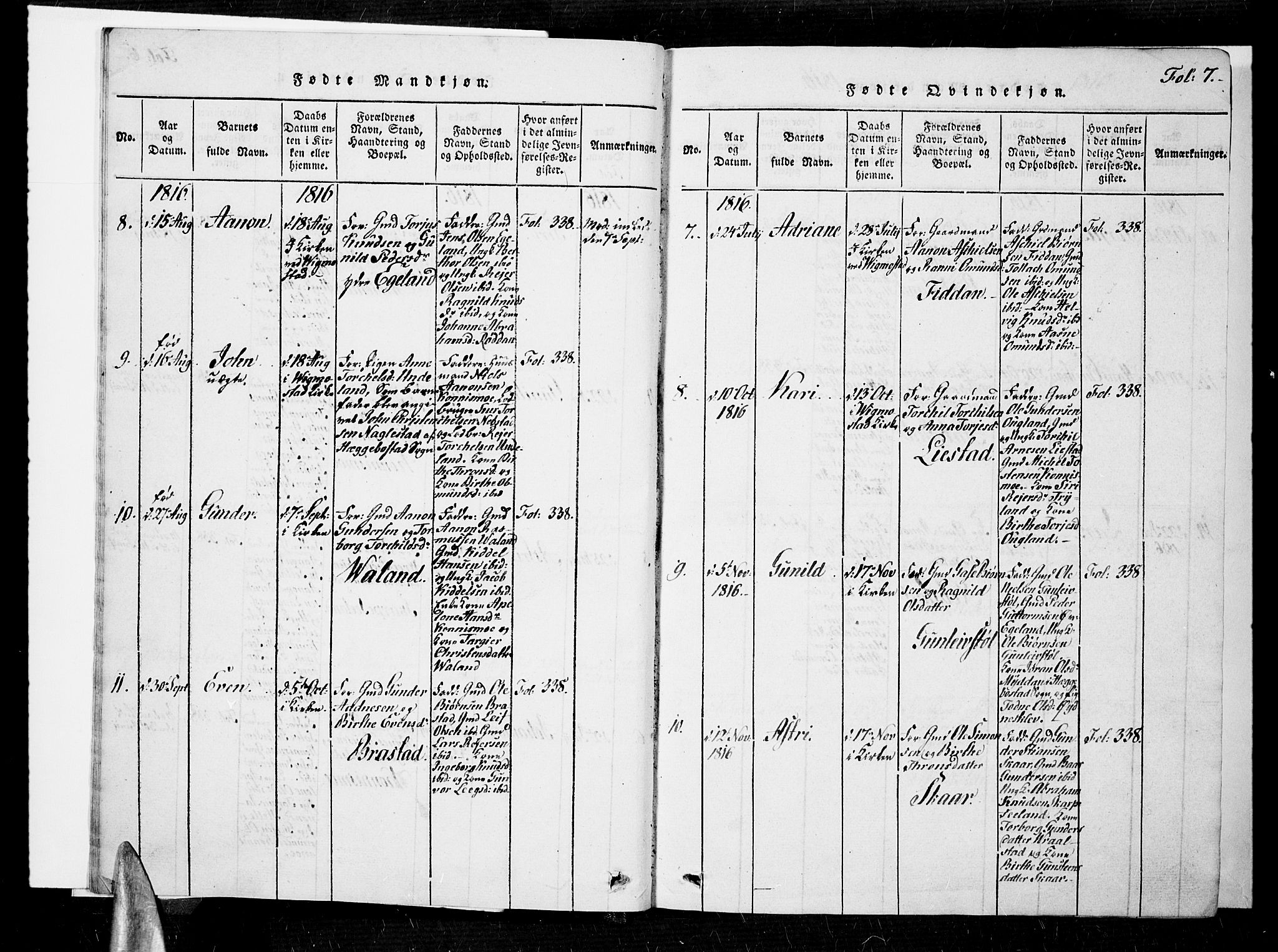 Nord-Audnedal sokneprestkontor, SAK/1111-0032/F/Fa/Faa/L0001: Parish register (official) no. A 1, 1815-1856, p. 7