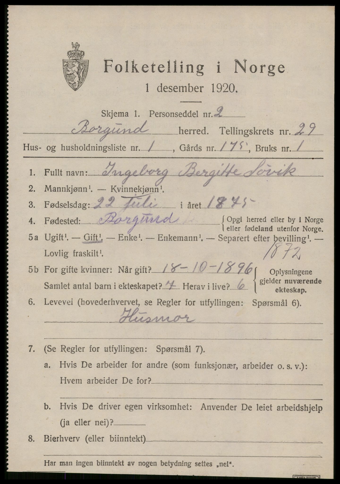 SAT, 1920 census for Borgund, 1920, p. 18634