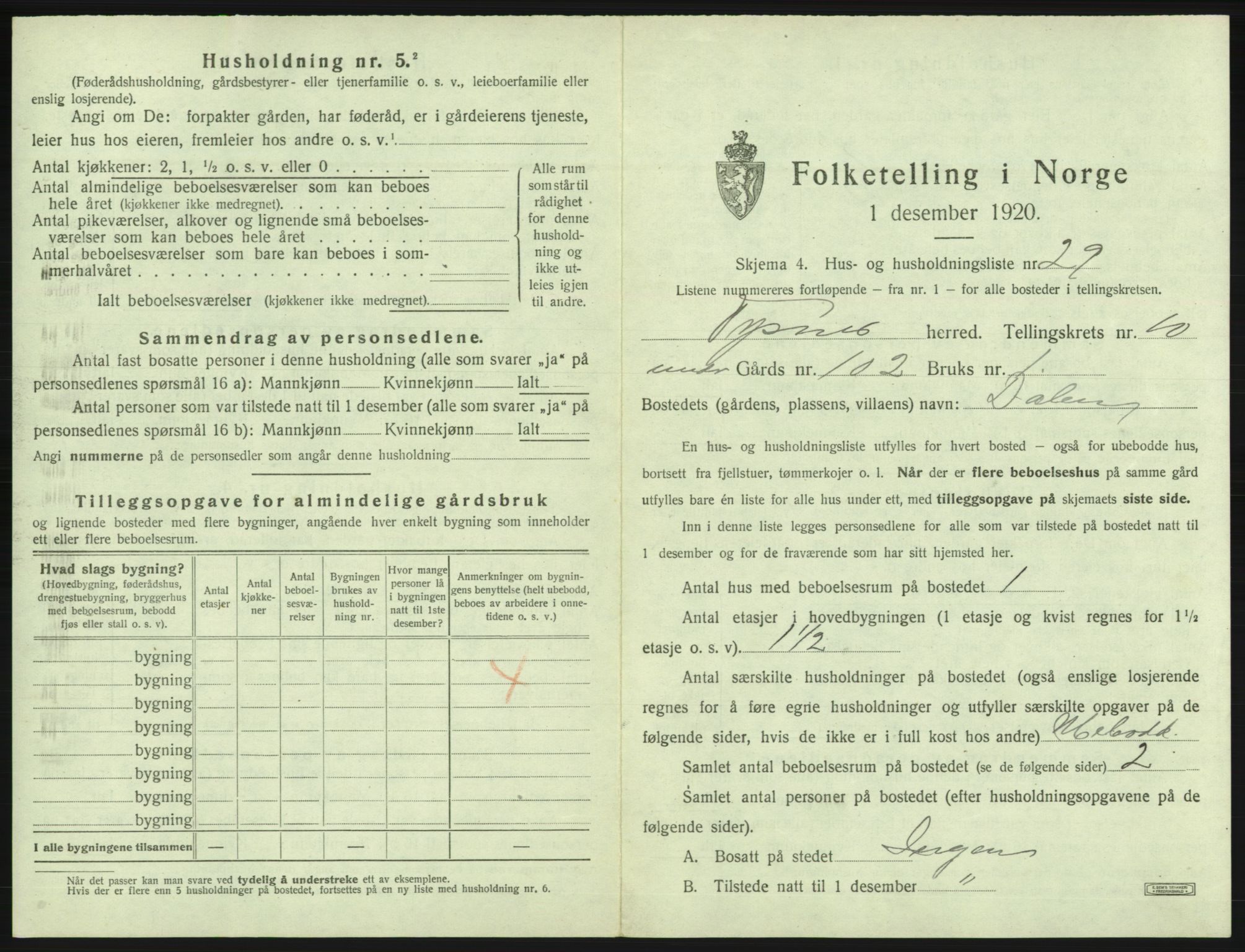 SAB, 1920 census for Tysnes, 1920, p. 1043