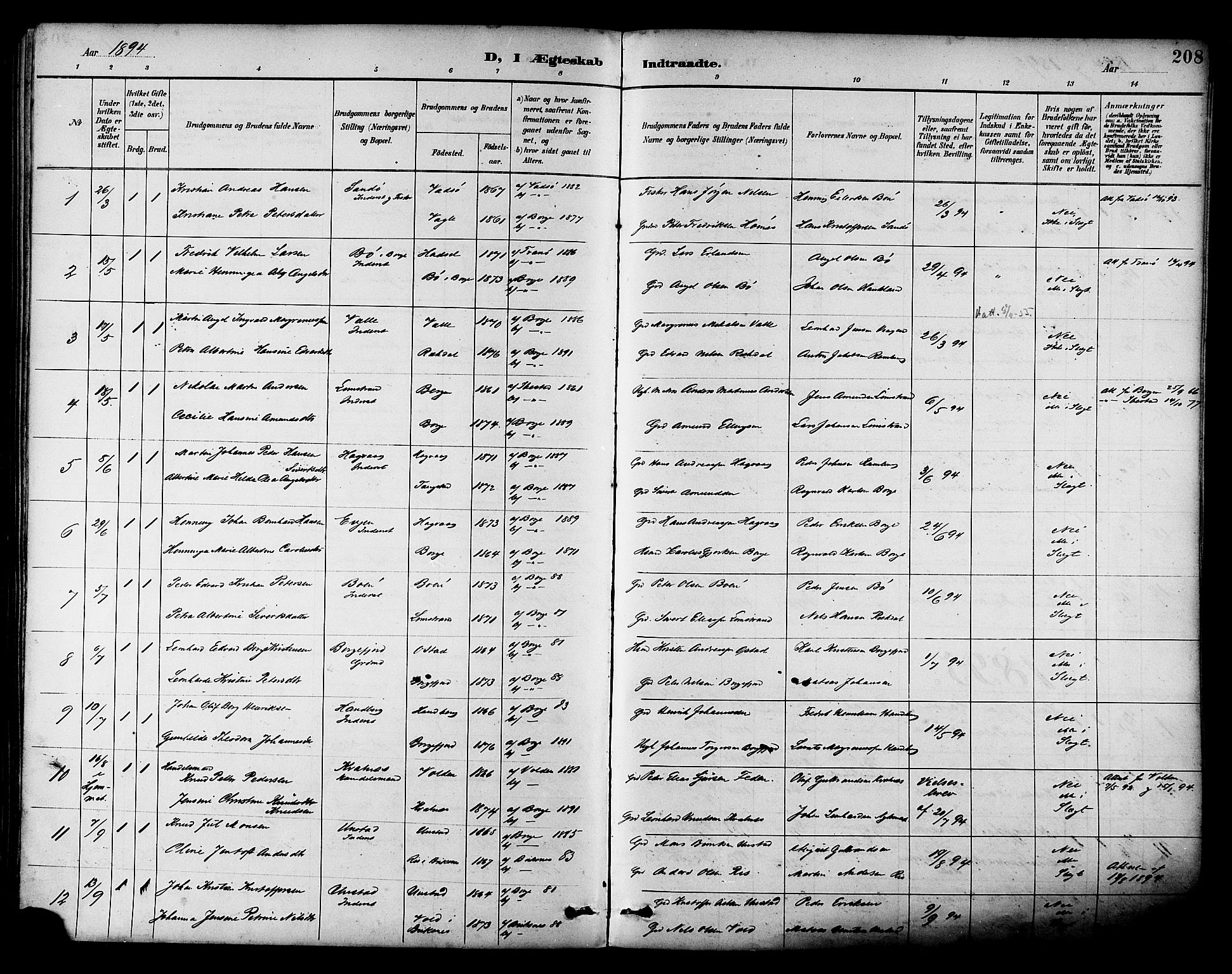 Ministerialprotokoller, klokkerbøker og fødselsregistre - Nordland, SAT/A-1459/880/L1133: Parish register (official) no. 880A07, 1888-1898, p. 208