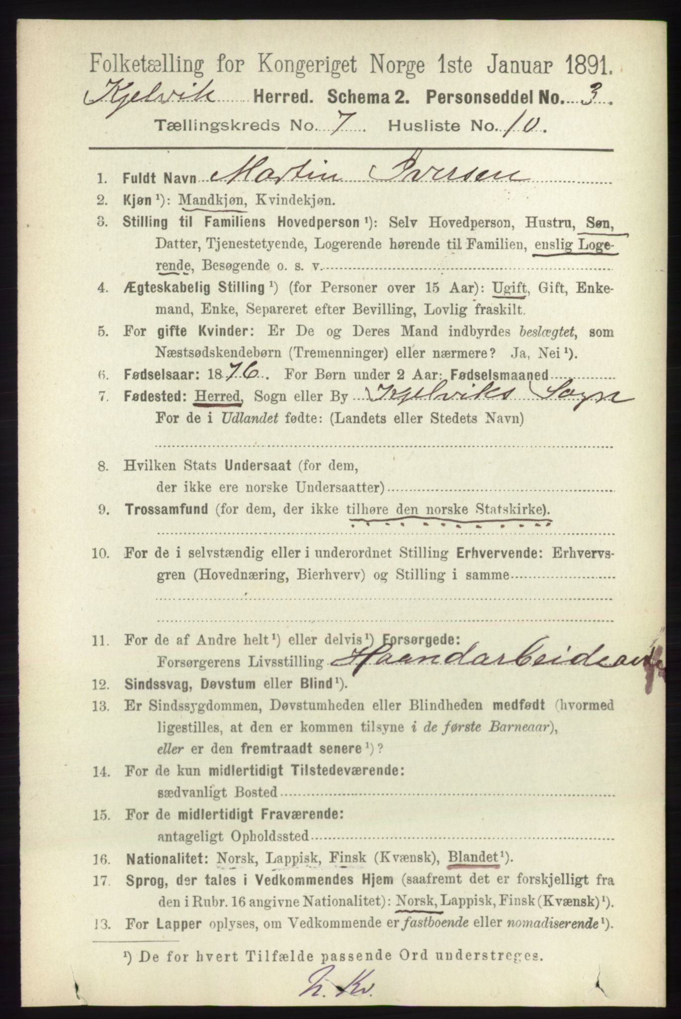 RA, 1891 census for 2019 Kjelvik, 1891, p. 962