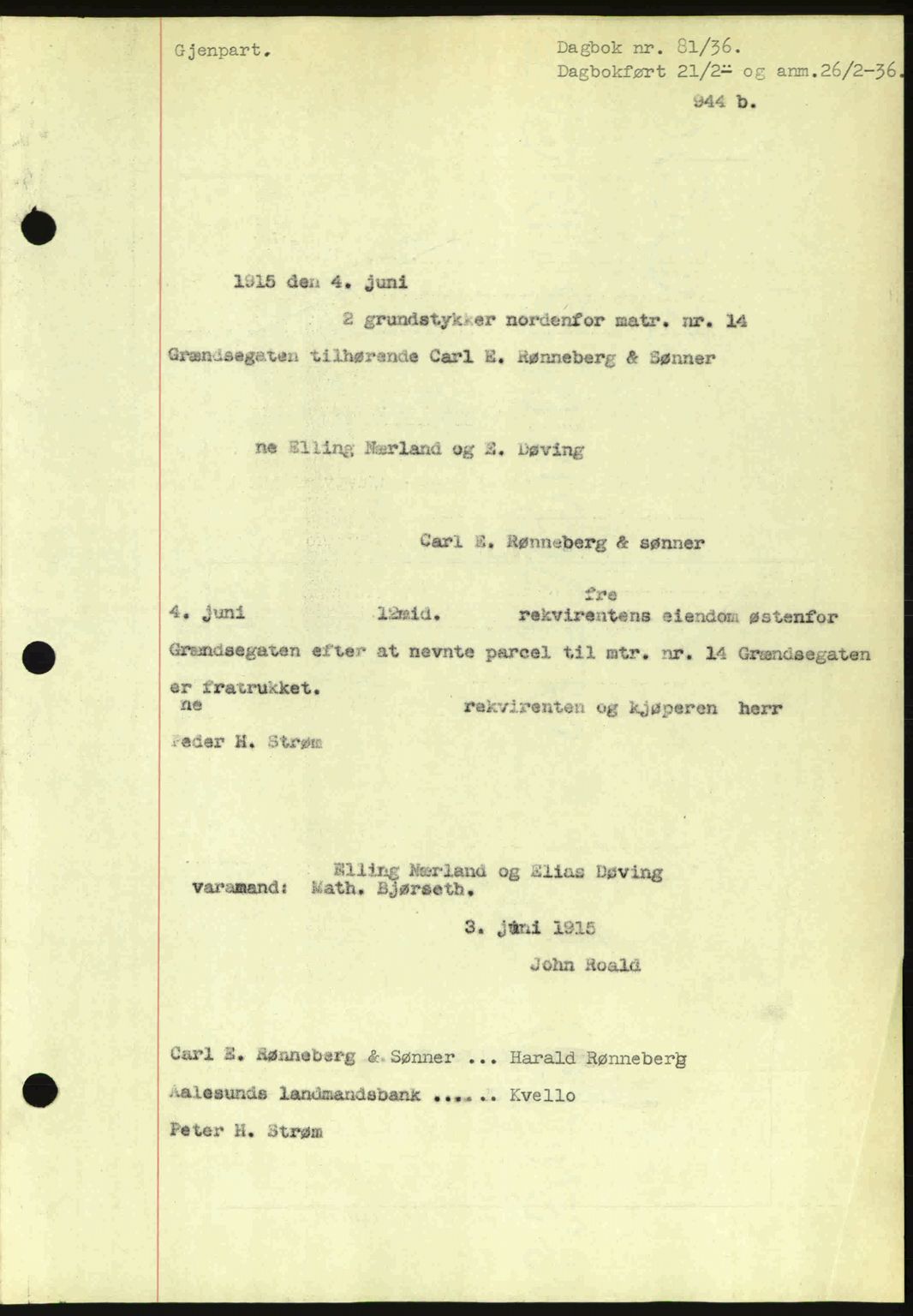 Ålesund byfogd, AV/SAT-A-4384: Mortgage book no. 34 I, 1936-1938, Diary no: : 81/1936