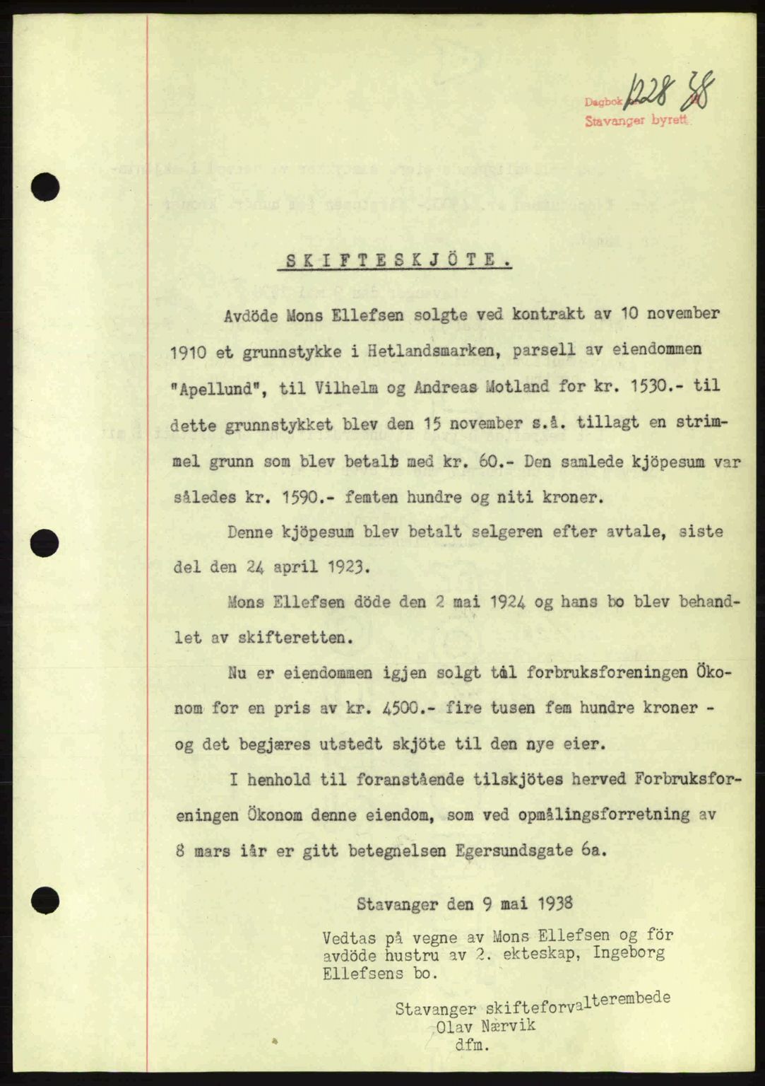 Stavanger byrett, SAST/A-100455/002/G/Gb/L0013: Mortgage book no. A3, 1937-1938, Diary no: : 1228/1938