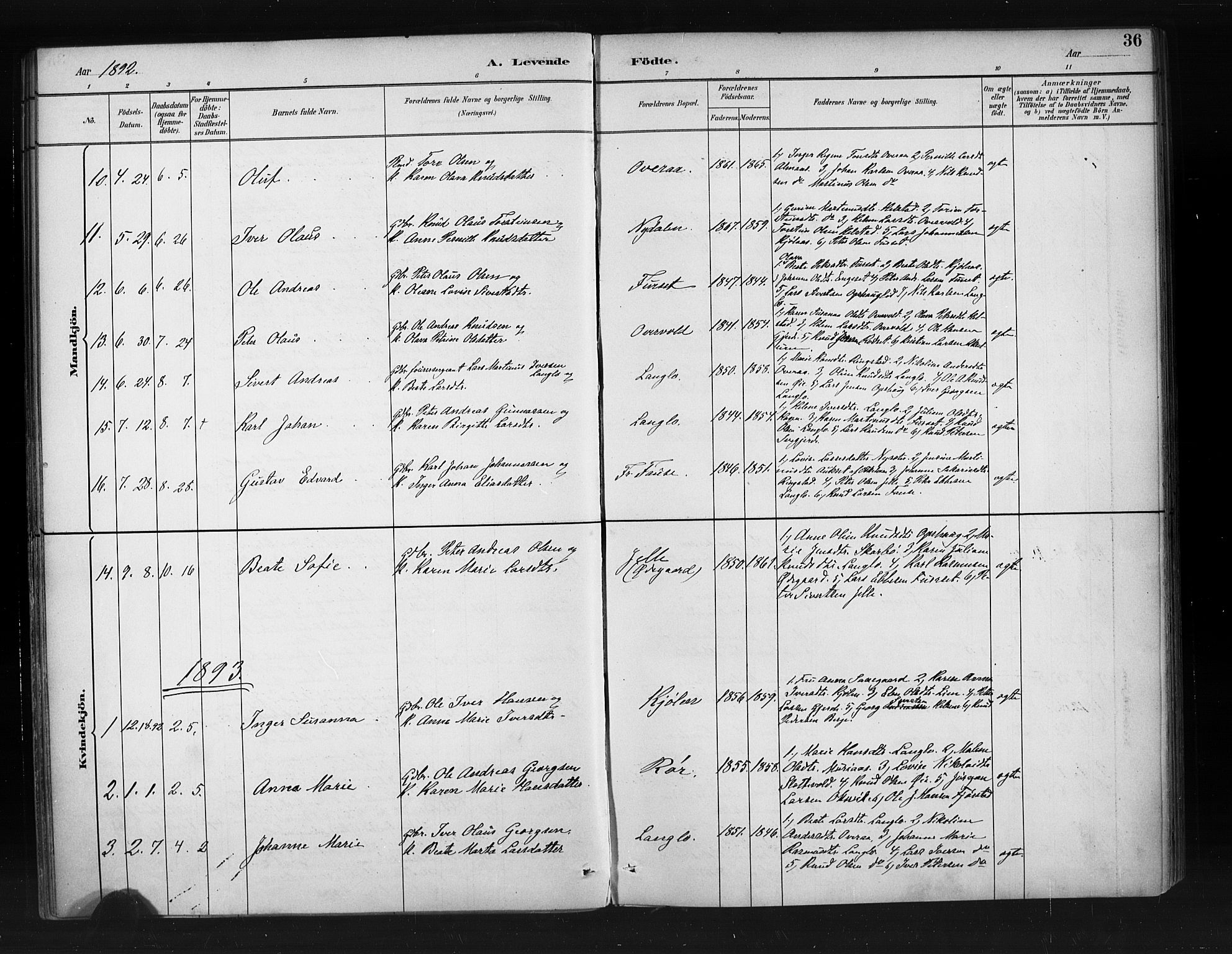 Ministerialprotokoller, klokkerbøker og fødselsregistre - Møre og Romsdal, SAT/A-1454/520/L0283: Parish register (official) no. 520A12, 1882-1898, p. 36