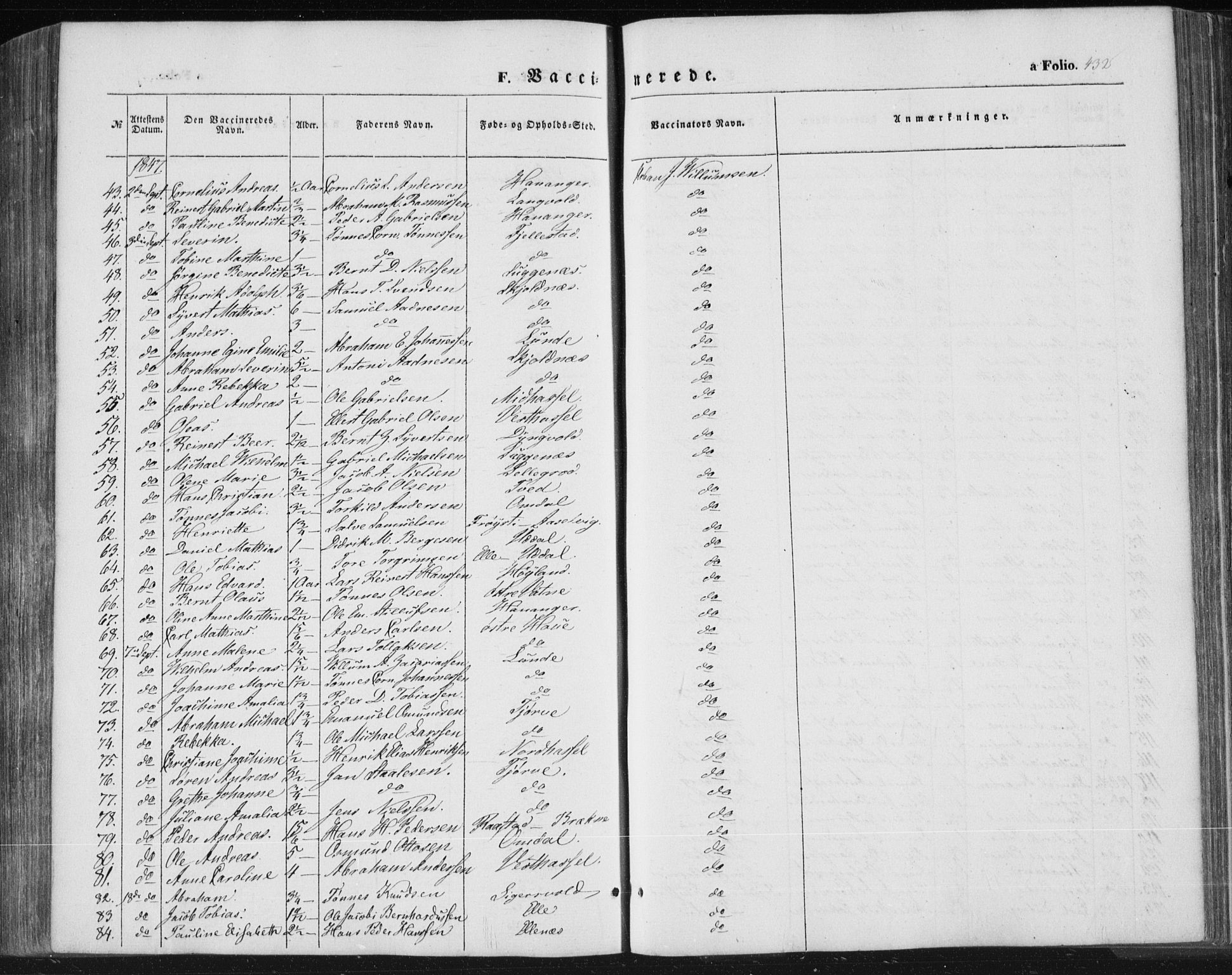 Lista sokneprestkontor, SAK/1111-0027/F/Fa/L0010: Parish register (official) no. A 10, 1846-1861, p. 432